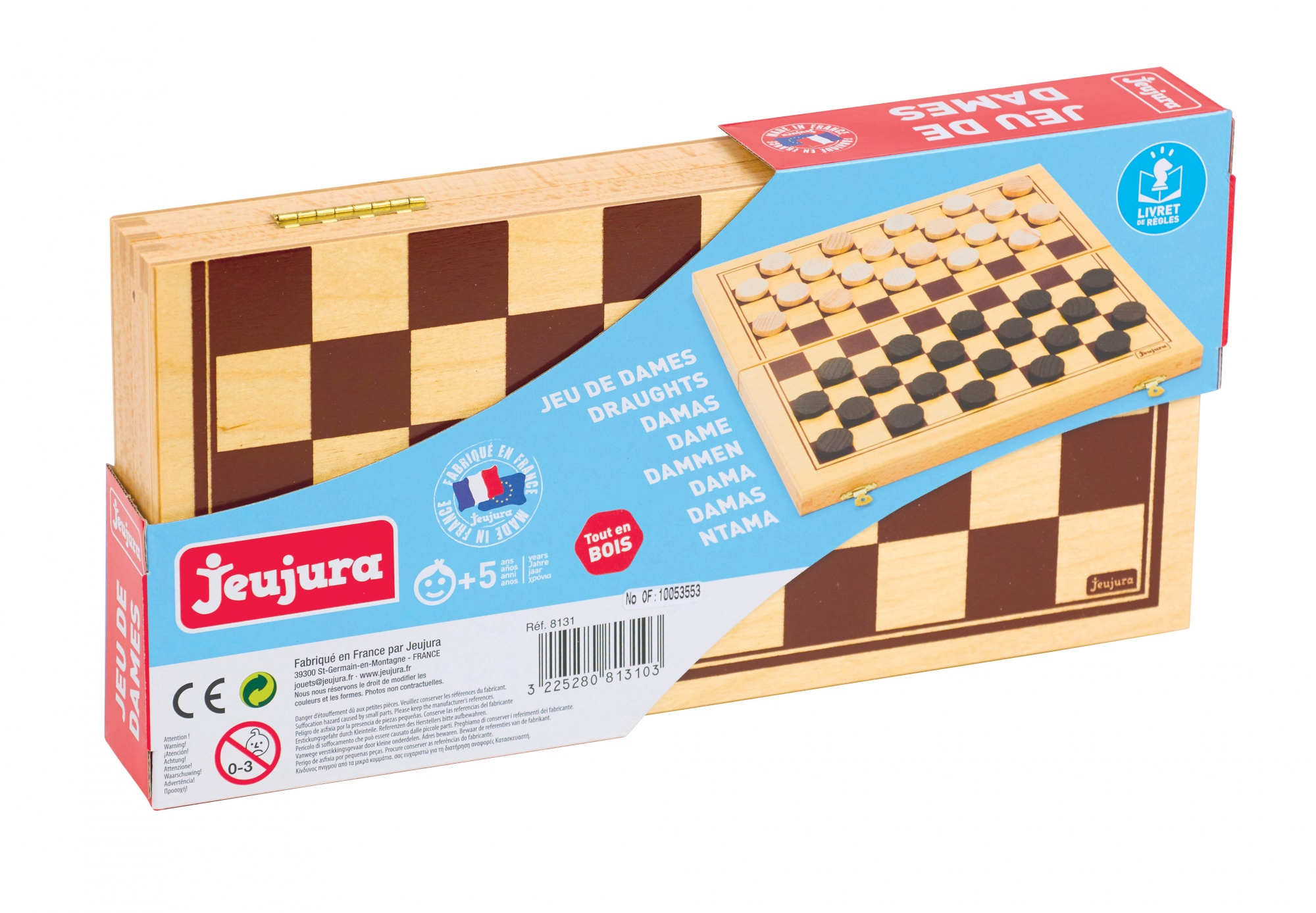 Set di dama in legno nella sua scatola. La scatola ha un motivo a scacchiera ed è etichettata.