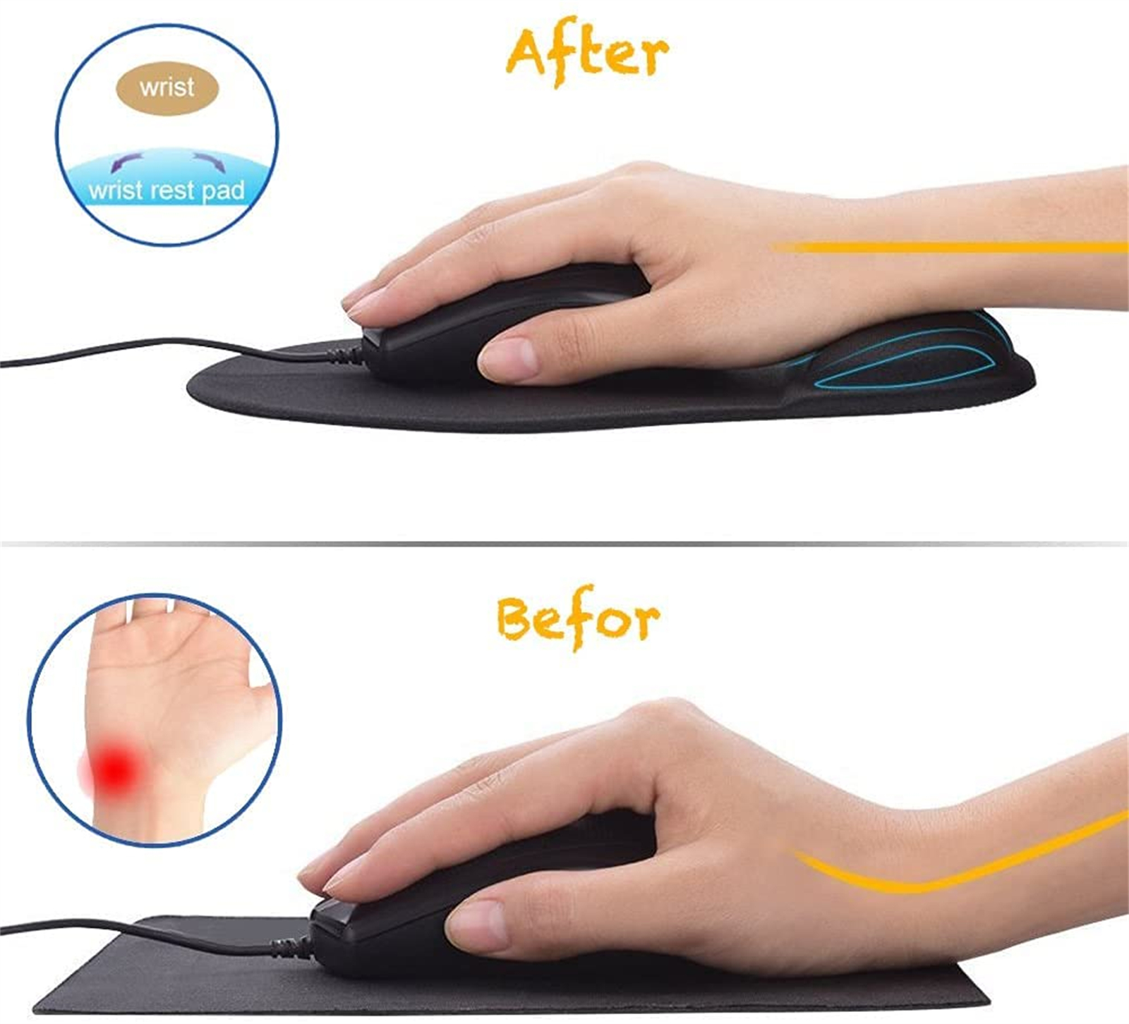 Bild zeigt vor und nach der Verwendung eines Handgelenkauflage-Mauspads, zeigt ergonomische Vorteile.