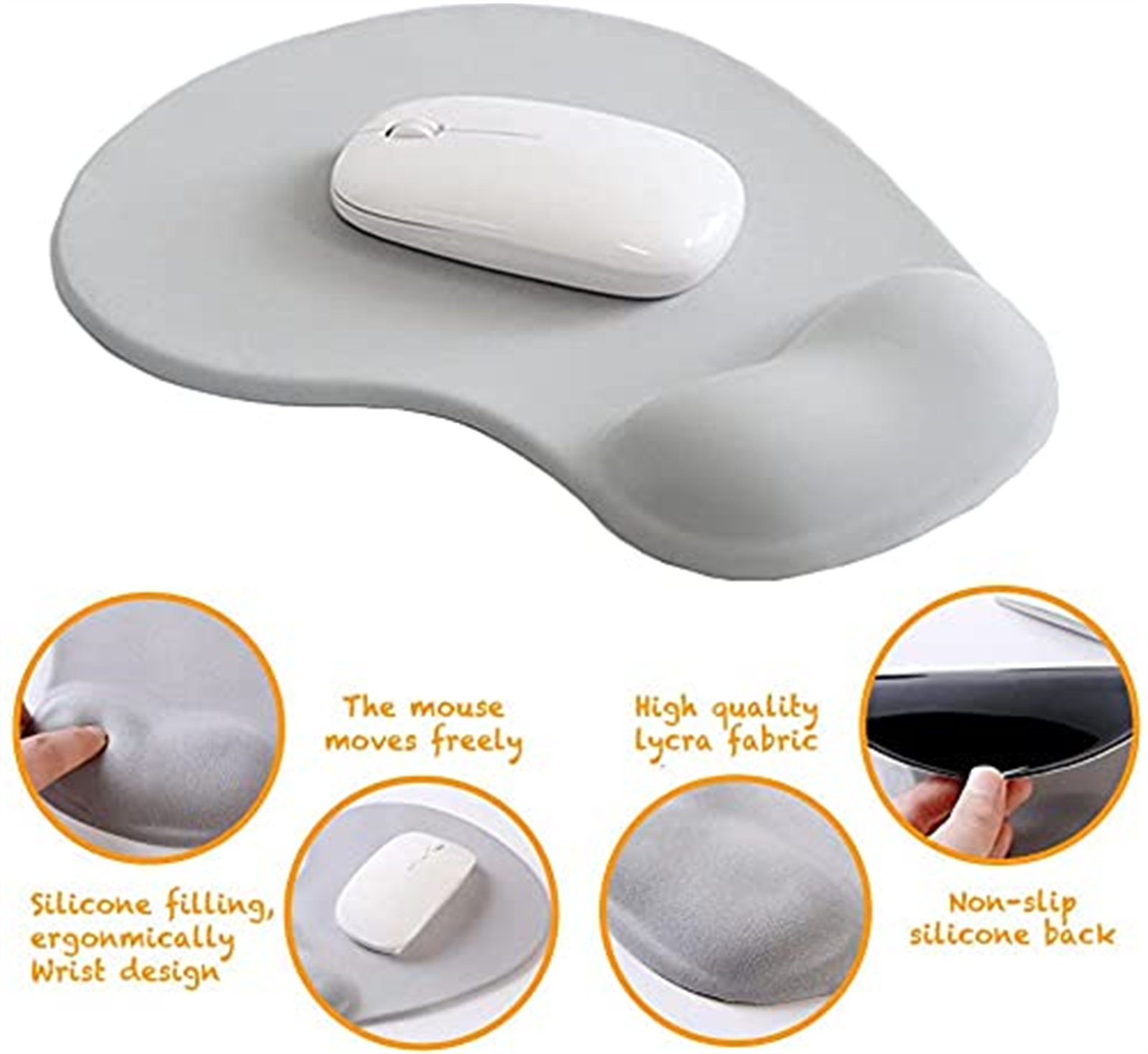 Graues Mauspad mit weißer Maus. Kreise zeigen Eigenschaften: Silikon, ergonomisch, Stoff.