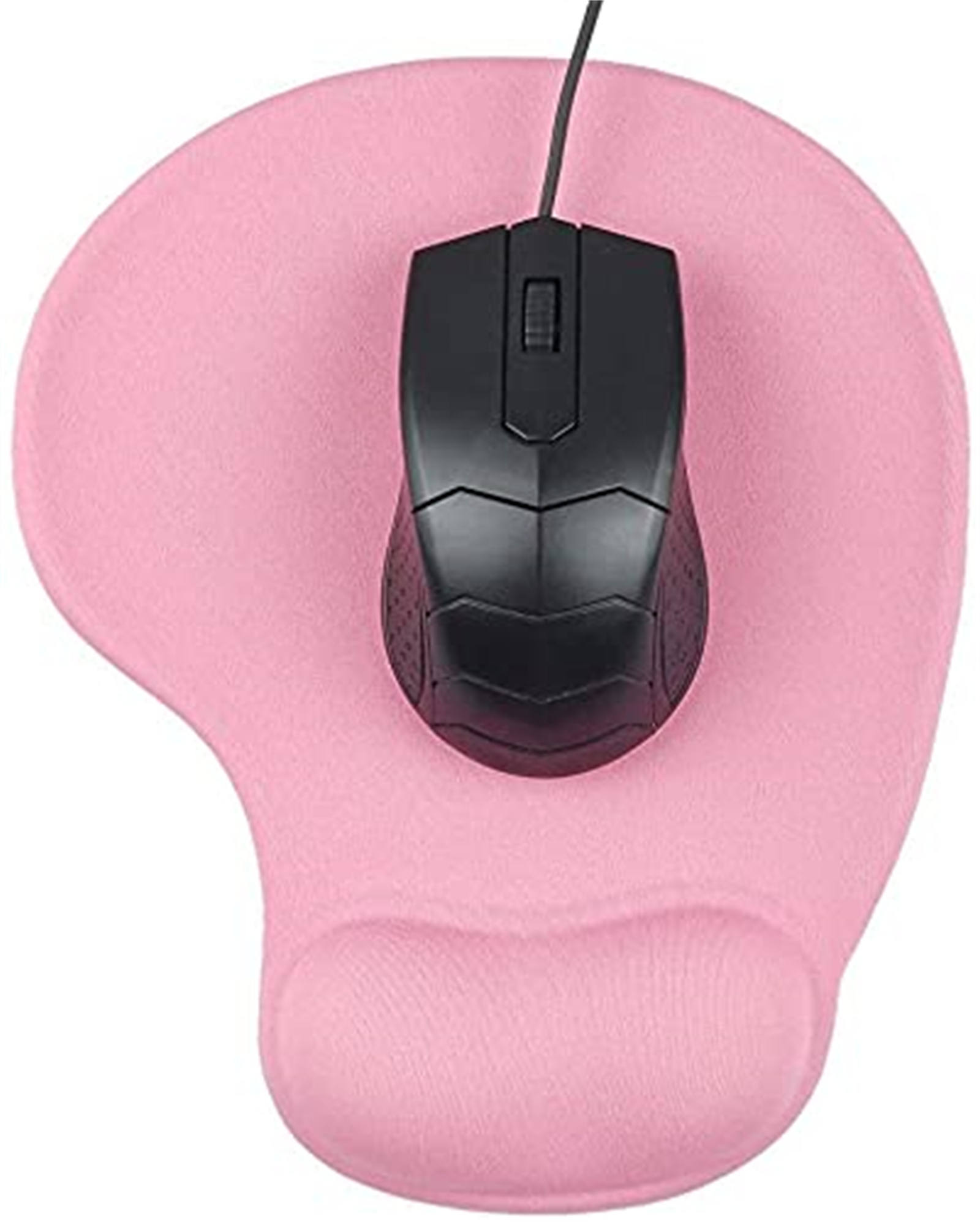 Rosa ergonomisches Mauspads mit schwarzer Maus. Pad hat Handgelenkstütze.