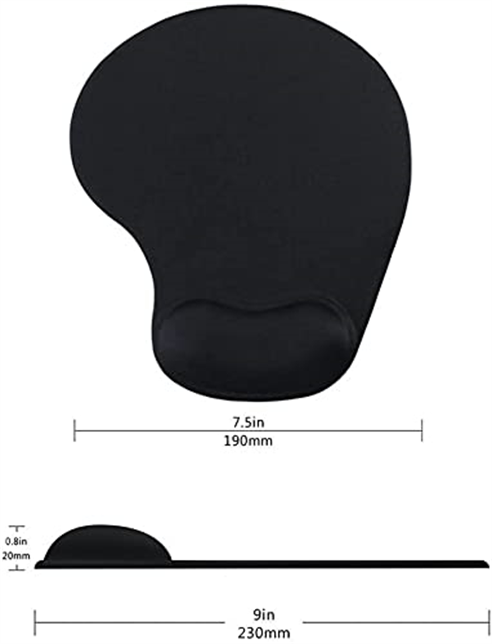 Schwarzes Mauspad mit Handgelenkauflage. Abmessungen sind angegeben.