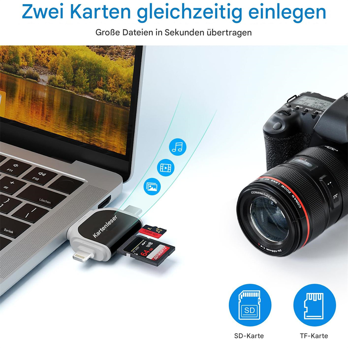 Laptop mit SD-Kartenleser und SD- und TF-Karten. Kamera im Hintergrund.