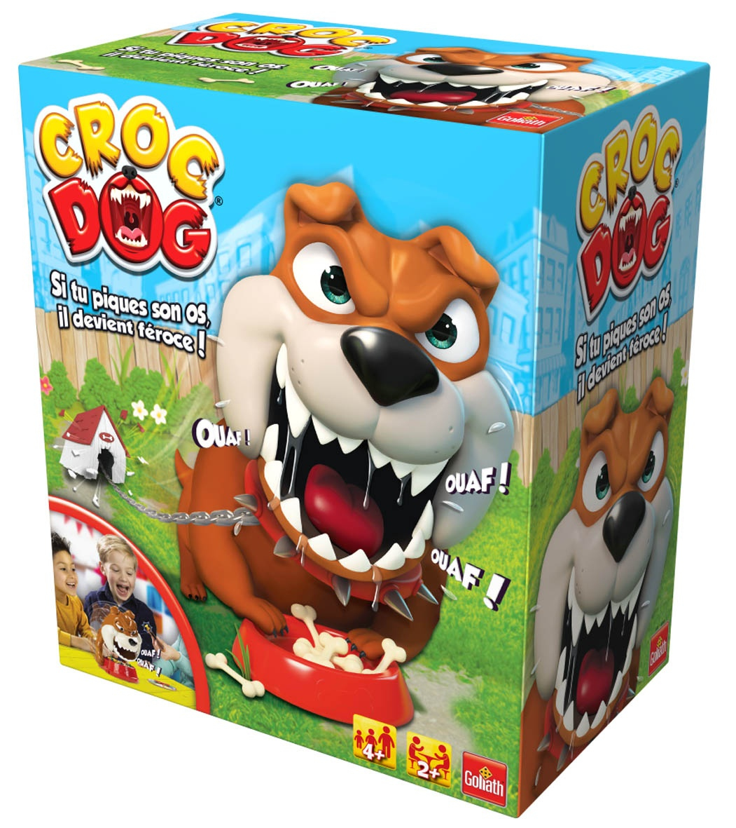 Scatola di un gioco da tavolo: Croc Dog. Un bulldog con una ciotola rossa e ossa.