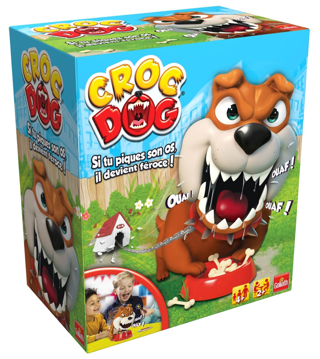 Illustrazione della scatola del gioco Croc Dog con un cane dei cartoni animati, una casa e bambini che giocano.