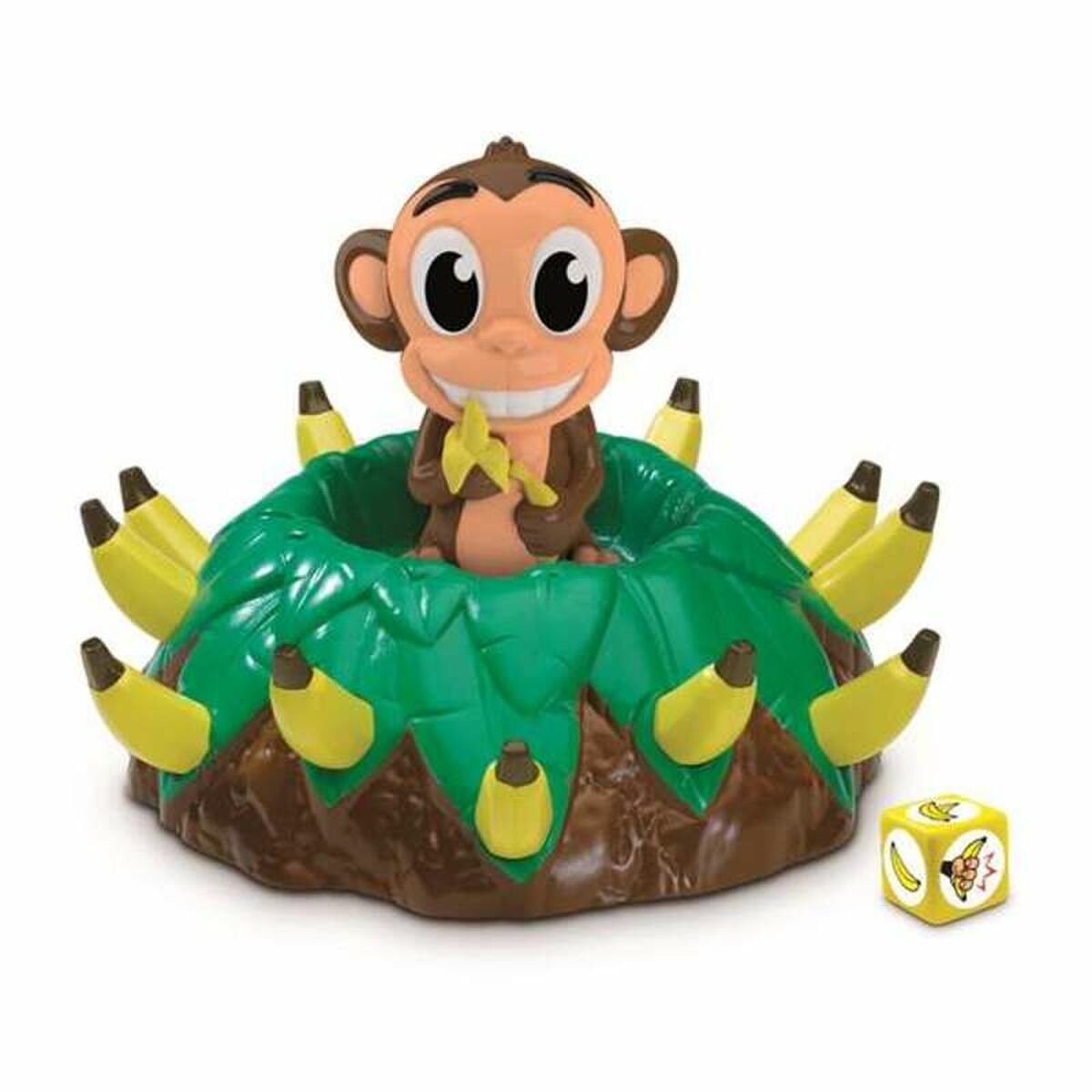 Un giocattolo a forma di scimmia che tiene una banana in un cespuglio verde. Ci sono più banane e un dado con icona banana.