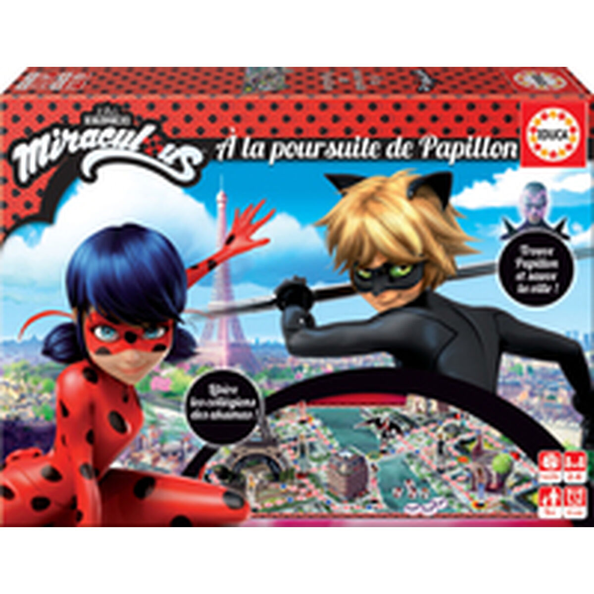 Caja de juego de mesa Miraculous con personajes de dibujos animados y la Torre Eiffel.