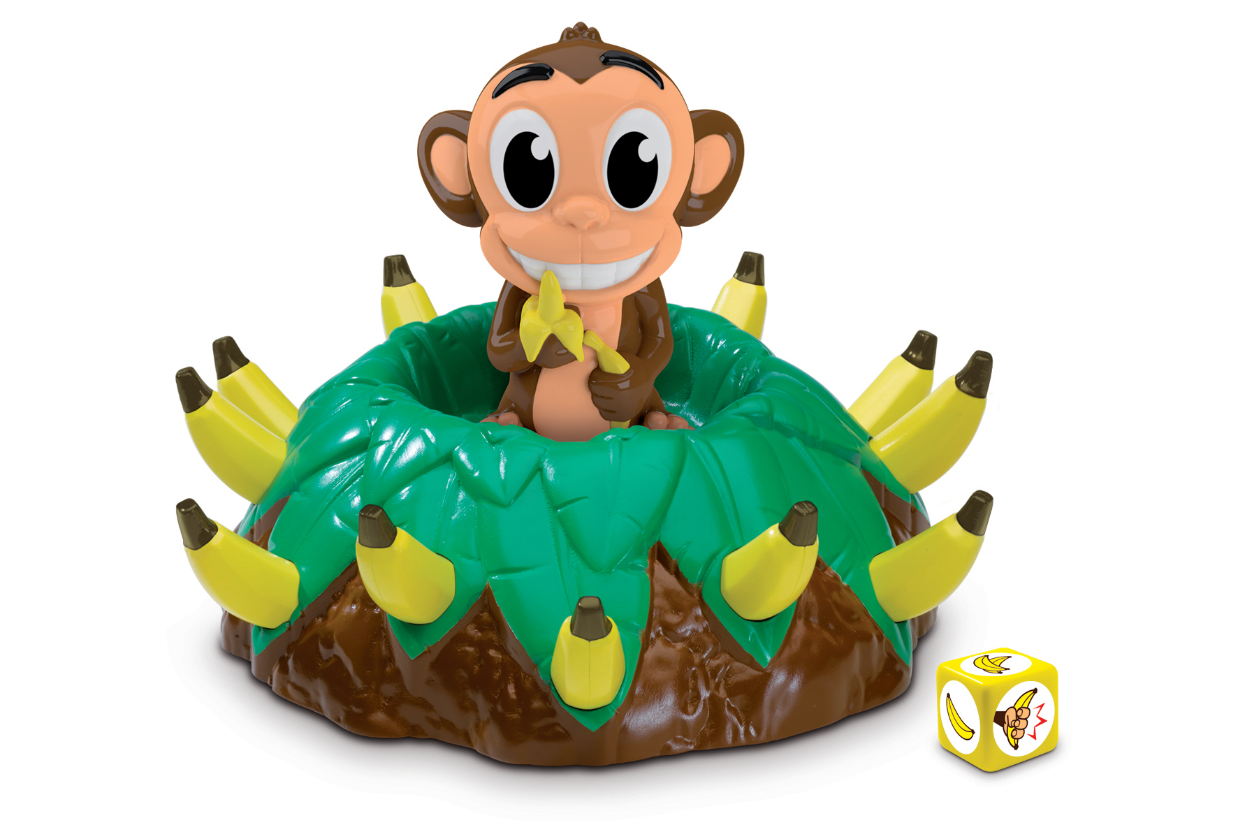 Gioco delle scimmie con banane e dadi. Una scimmia tiene una banana.
