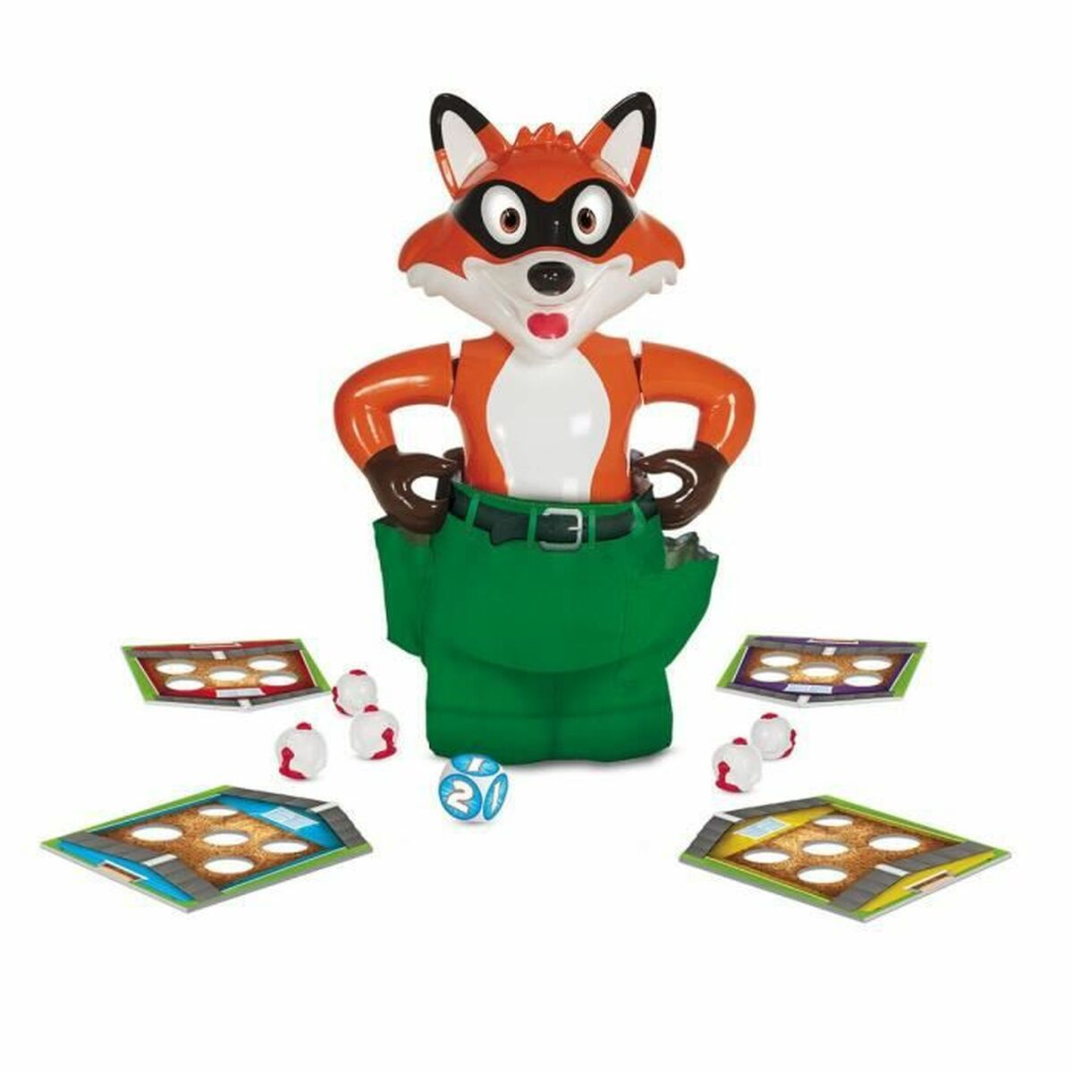 A fox toy with a green pants, balls, cards, and a dice are on a white surface.