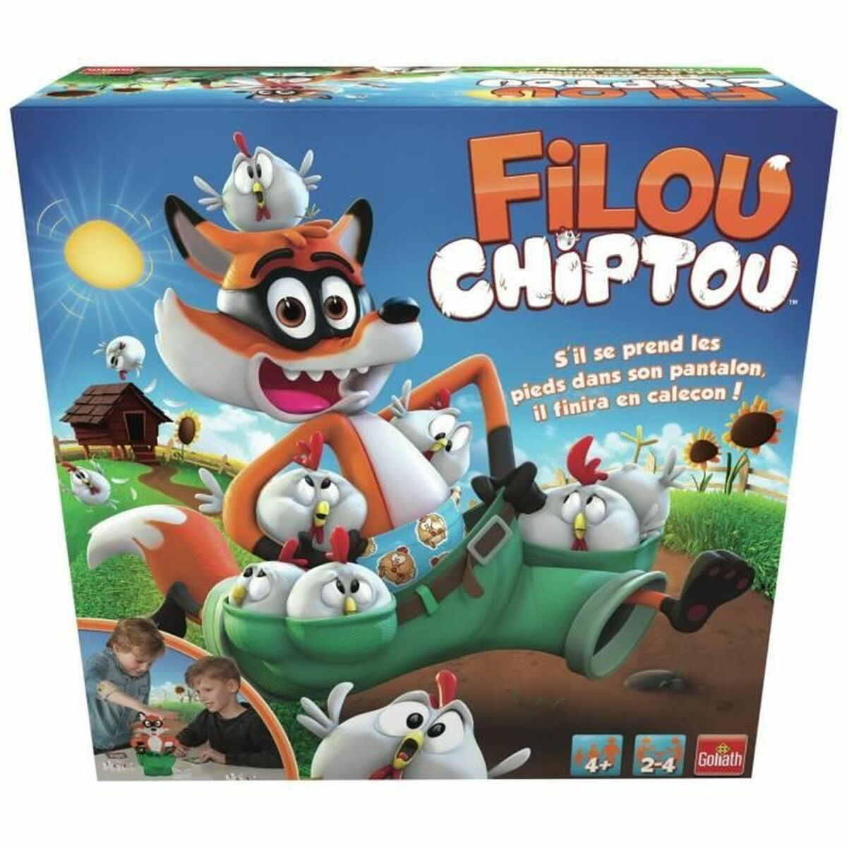 Boxed board game with cartoon fox and chickens, colorful design.