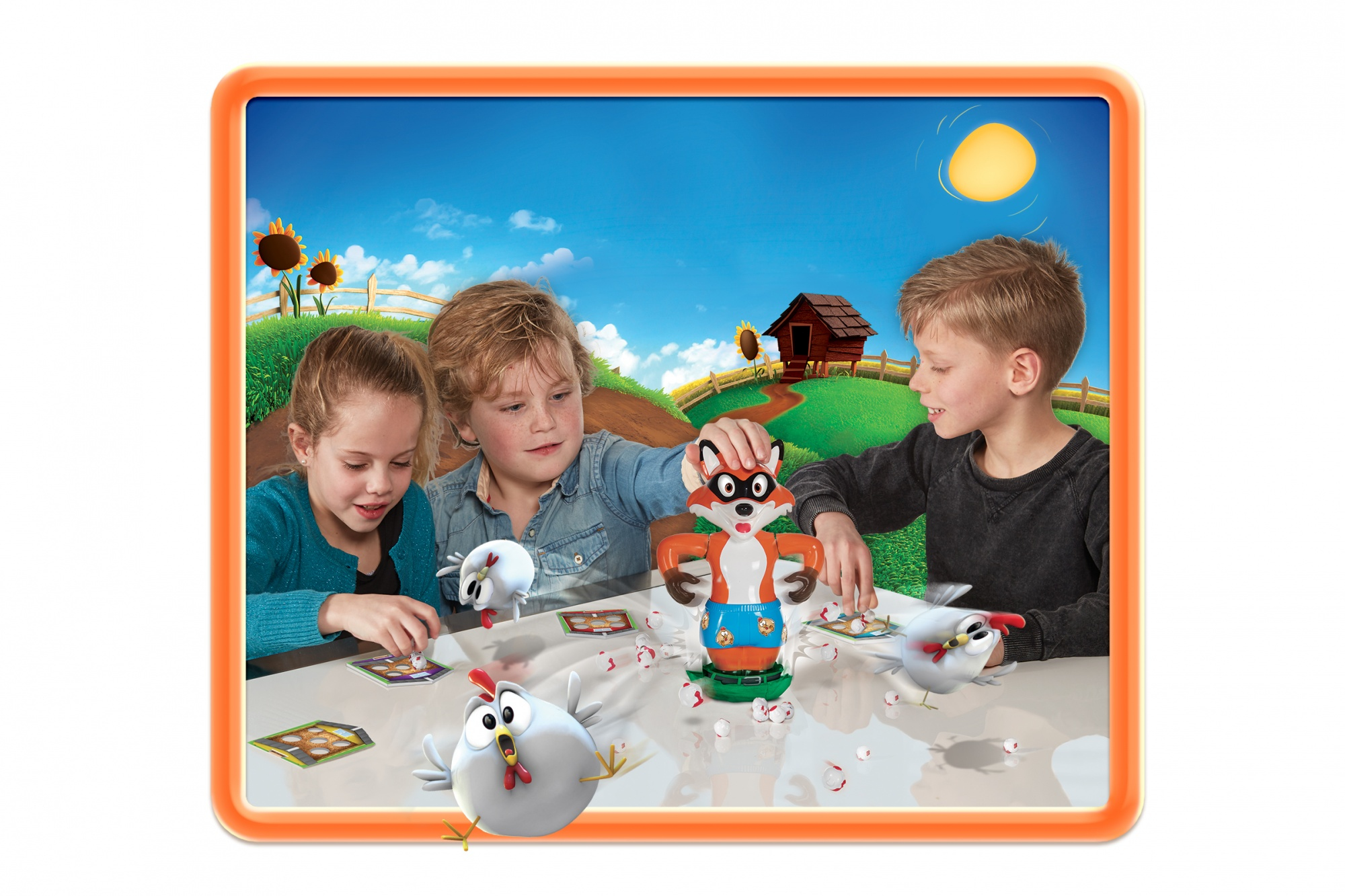 Children playing a board game. A fox figurine is in the center with chickens and eggs.
