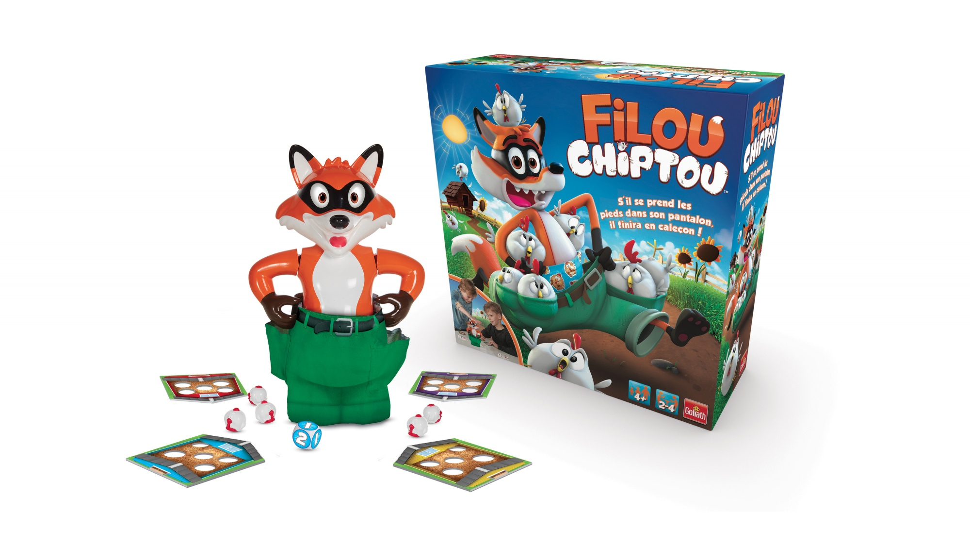 A board game box and fox figure with dice and game cards are on a white surface.