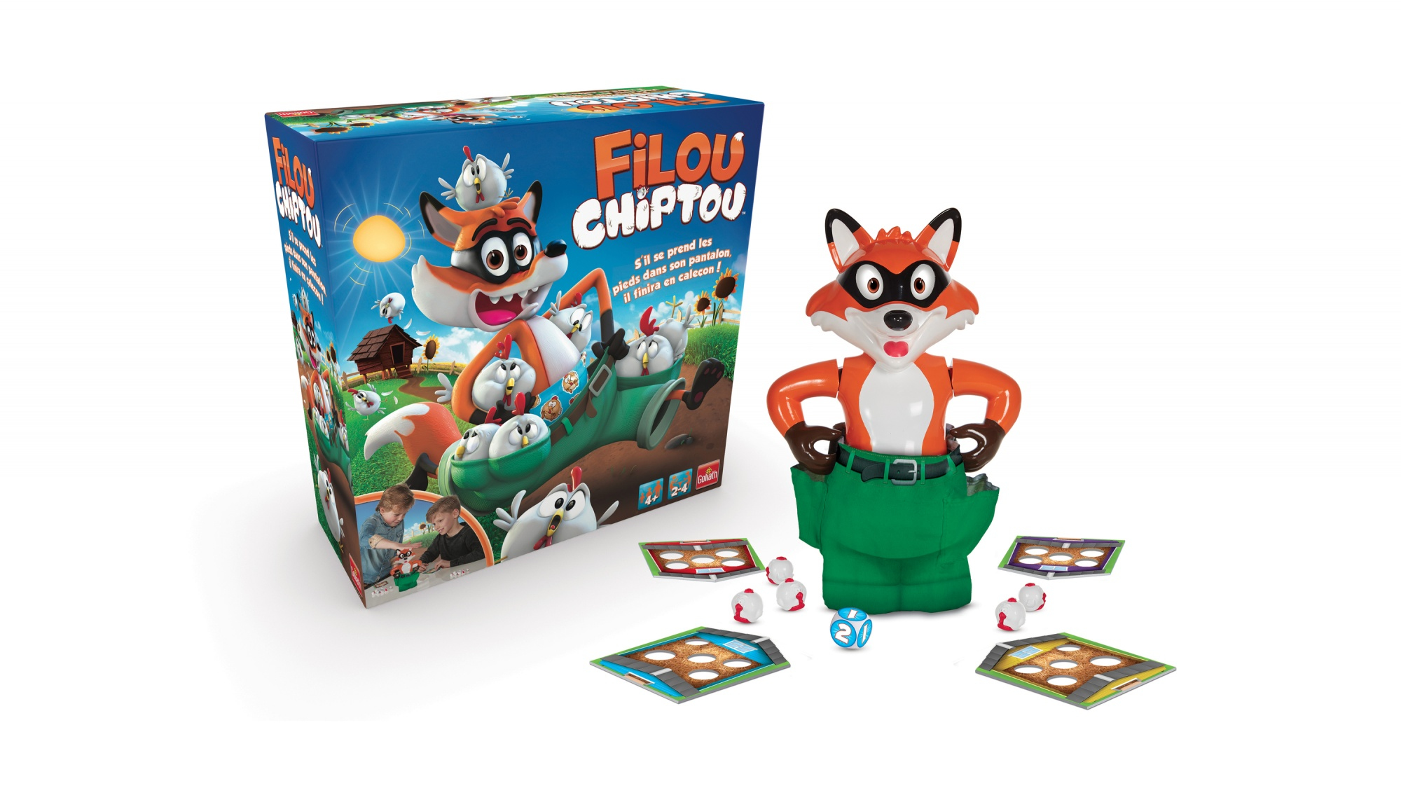 A colorful board game box and a fox figure with dice and small game cards.