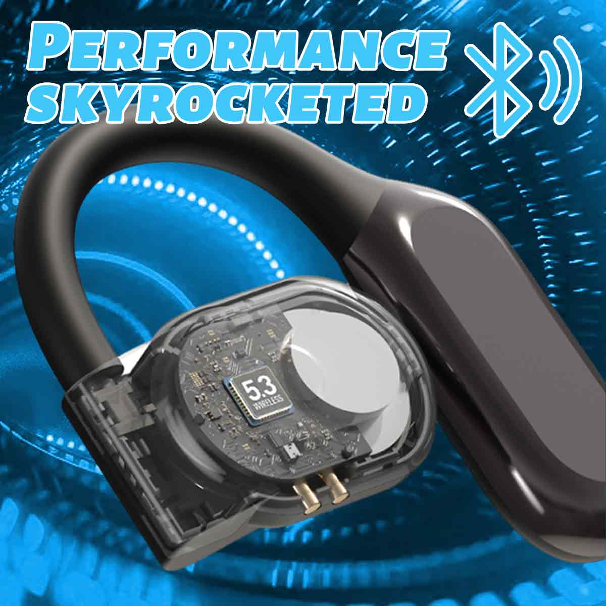 Kabellose Ohrhörer mit Ladecase, Text lautet „PERFORMANCE SKYROCKETED“ und „53 WIRELESS“ auf dem Gerät.