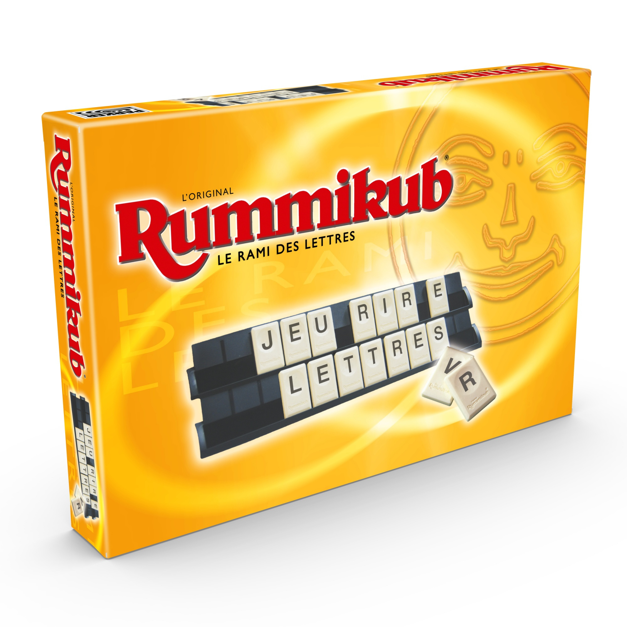 Een Rummikub bordspeldoos met tekst en een gele achtergrond, met de spelonderdelen.