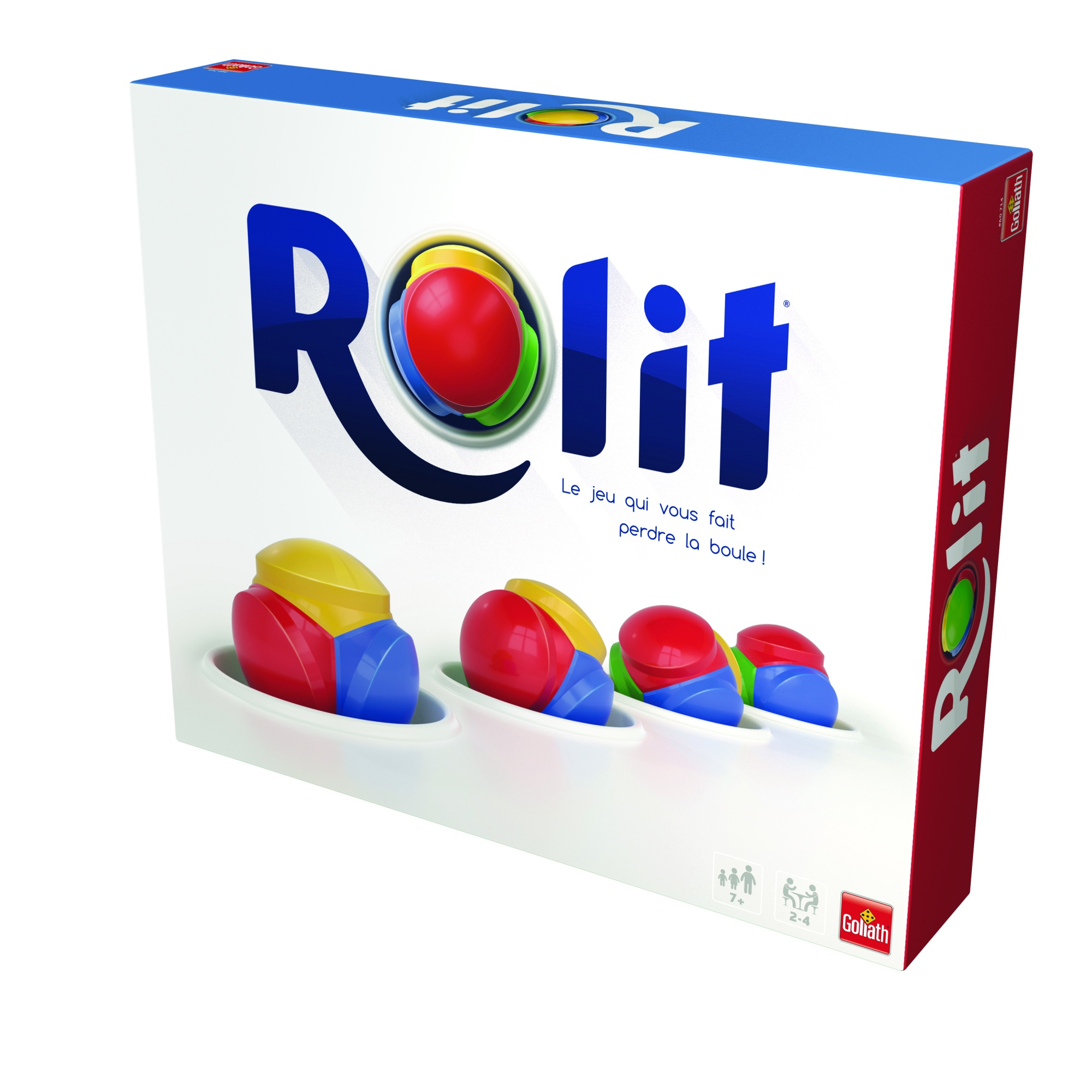 Een doos toont een Rolit-spel. De dooskunst toont de spelstukken en de spelnaam.