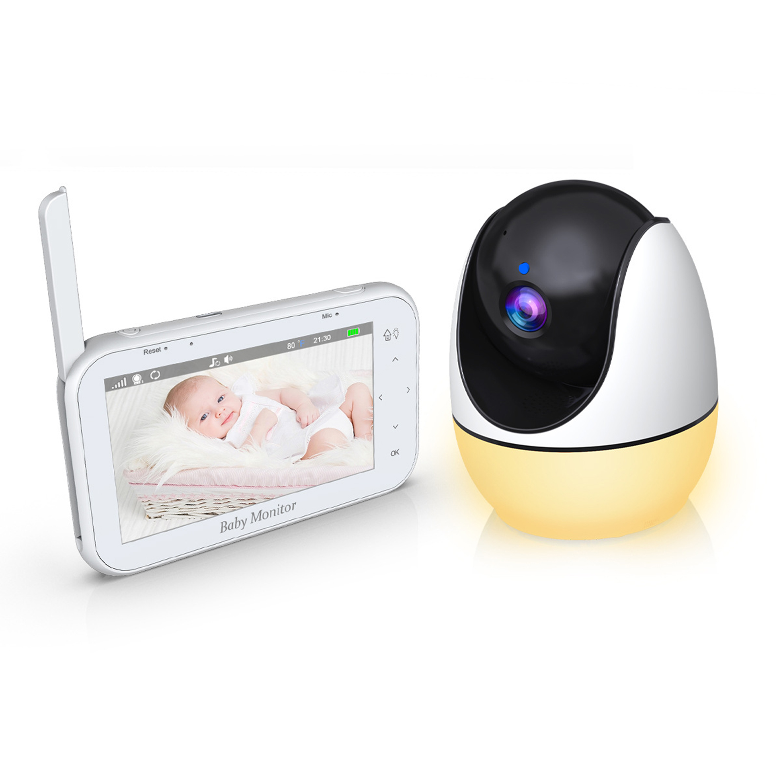 Ein Babyphone-Set, mit einem Bildschirm, der ein Baby zeigt, und einer Kamera mit Licht.