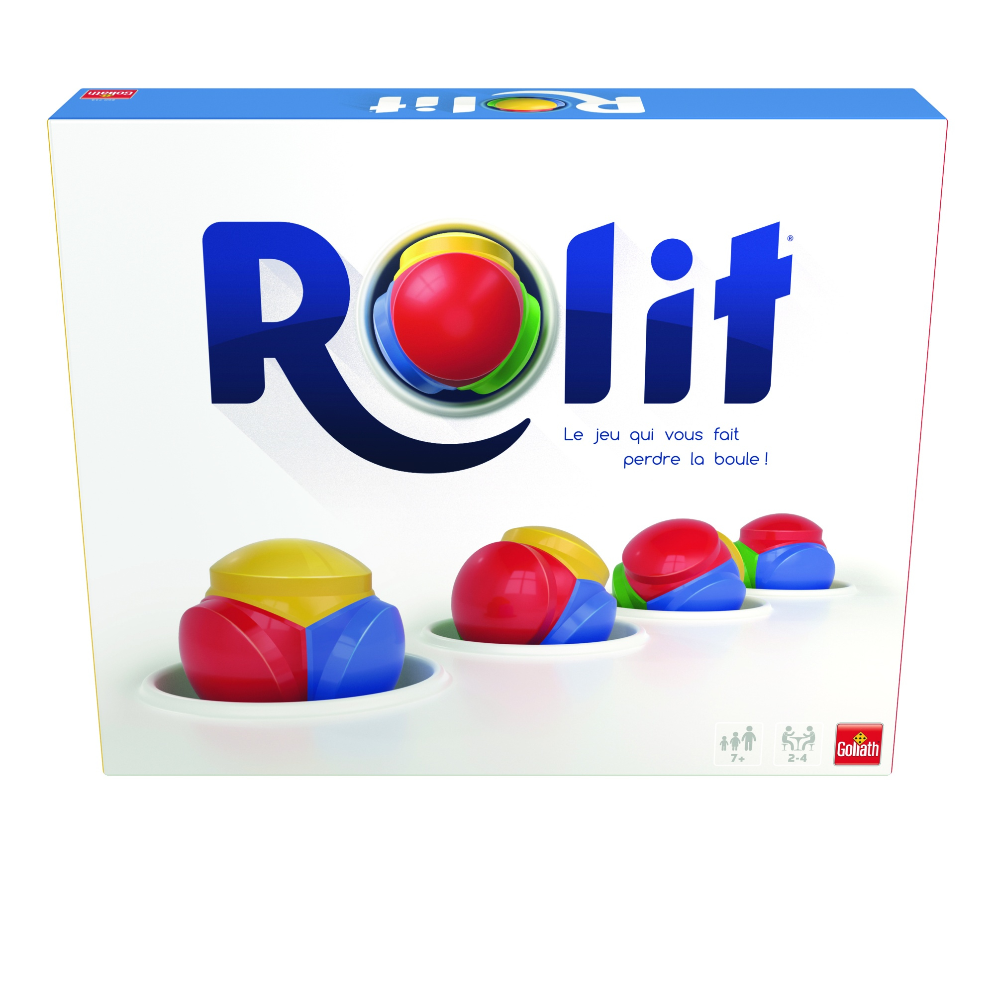 Een Rolit-speldoos met spelstukken in een witte bak. De doos toont de naam en het ontwerp van het spel.