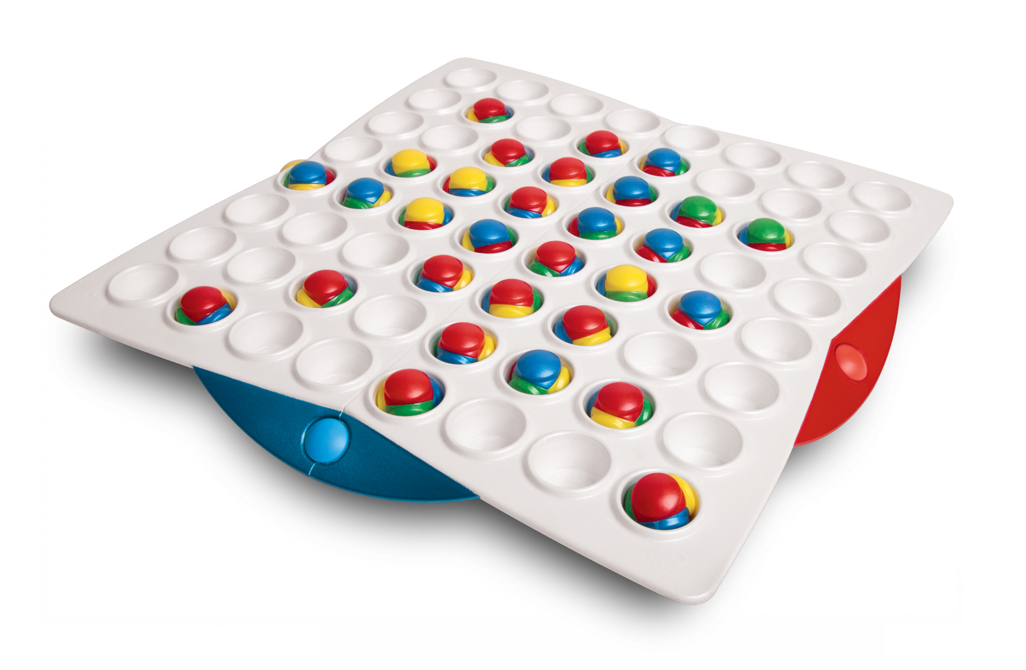 Een bordspel met kleurrijke ballen en gaten. Het bord is wit met rode en blauwe accenten.