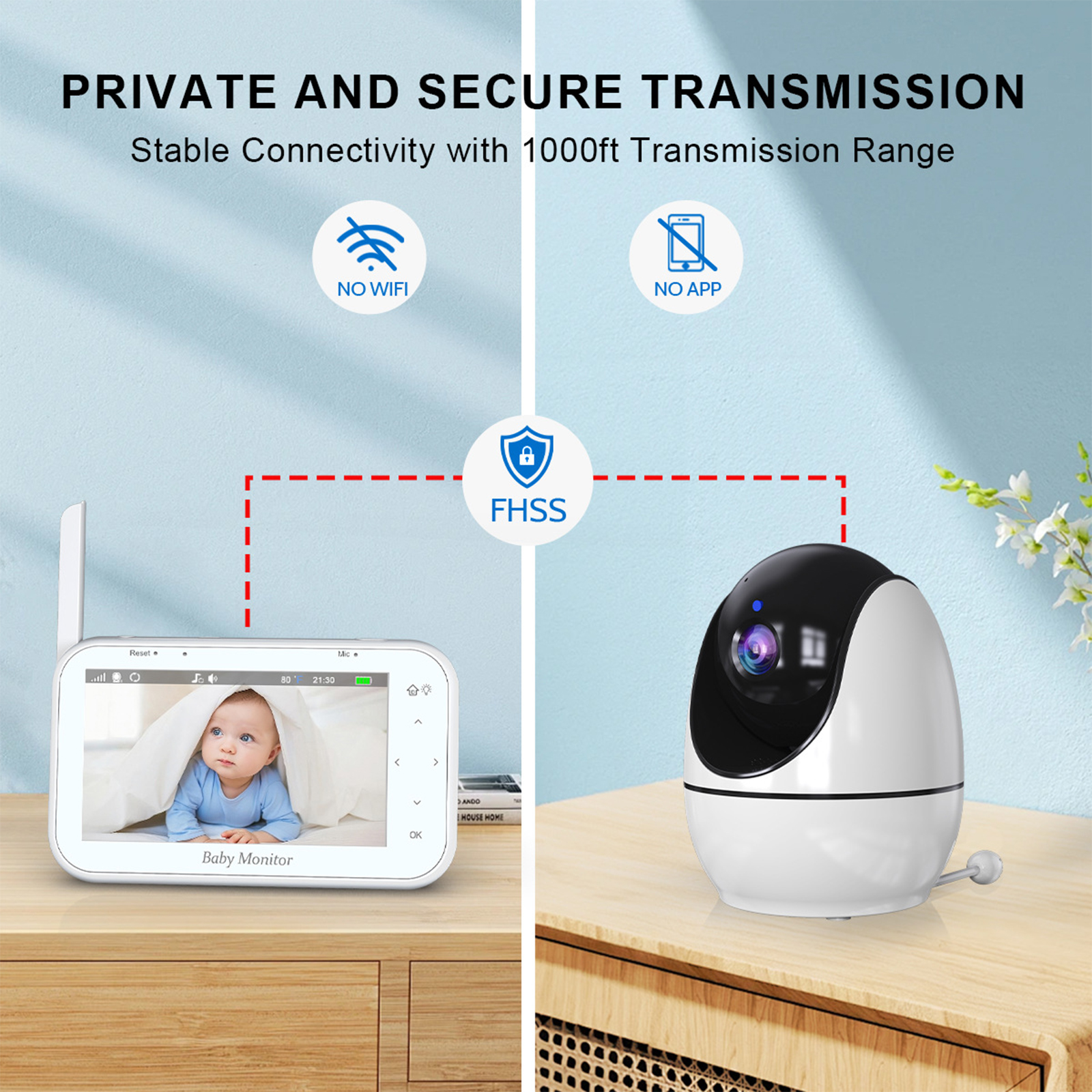 Ein Babyphone-Set mit einem Bildschirm, der ein Baby zeigt, und einer Kamera auf einem Holztisch.