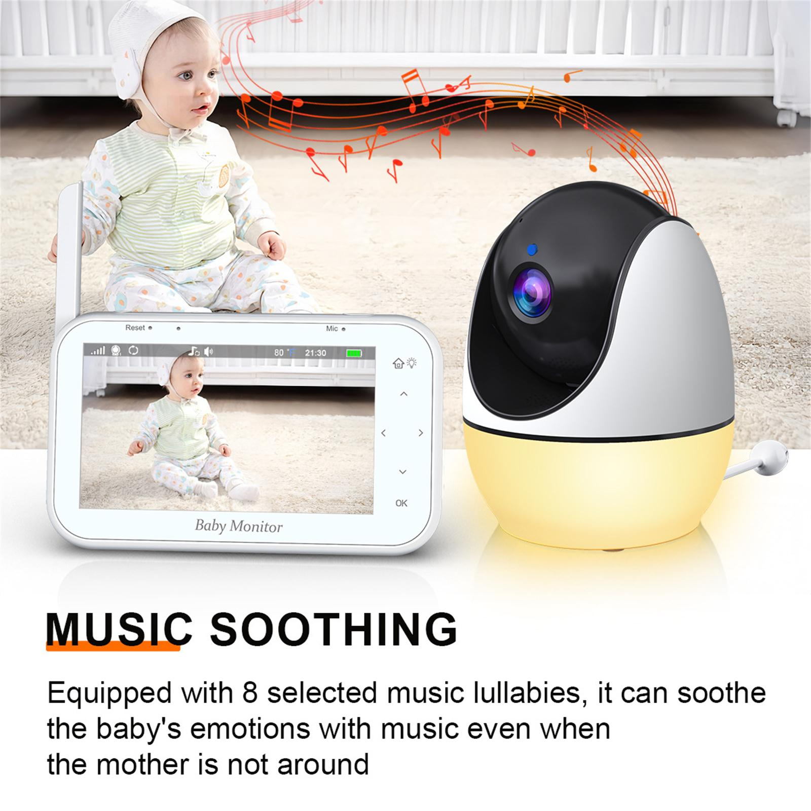 Babyphone mit Baby auf dem Bildschirm, ein Baby und ein Monitor. Text: Musik beruhigend.