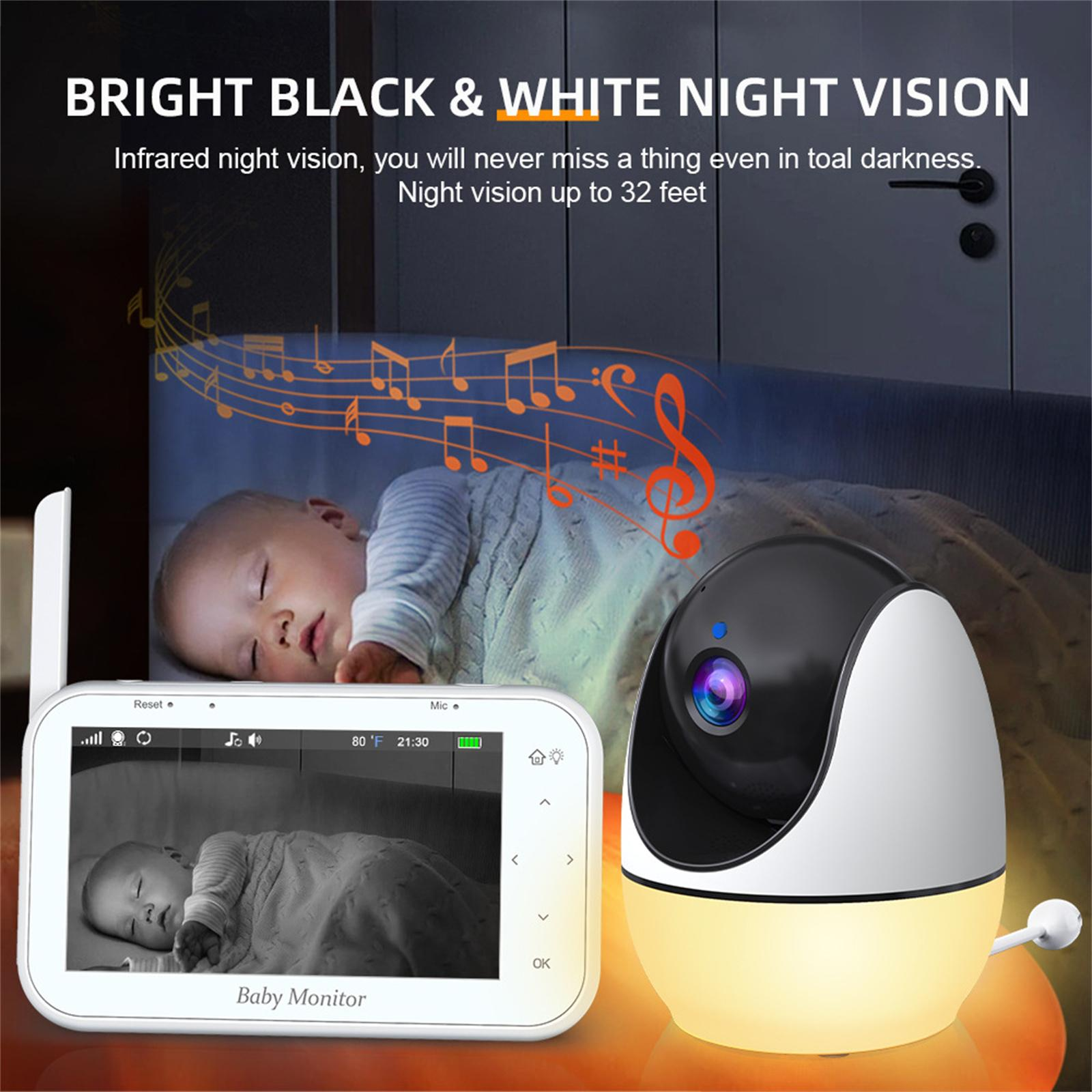 Babyphone zeigt schlafendes Baby im Kinderbett, mit Nachtsicht und Musiknoten.
