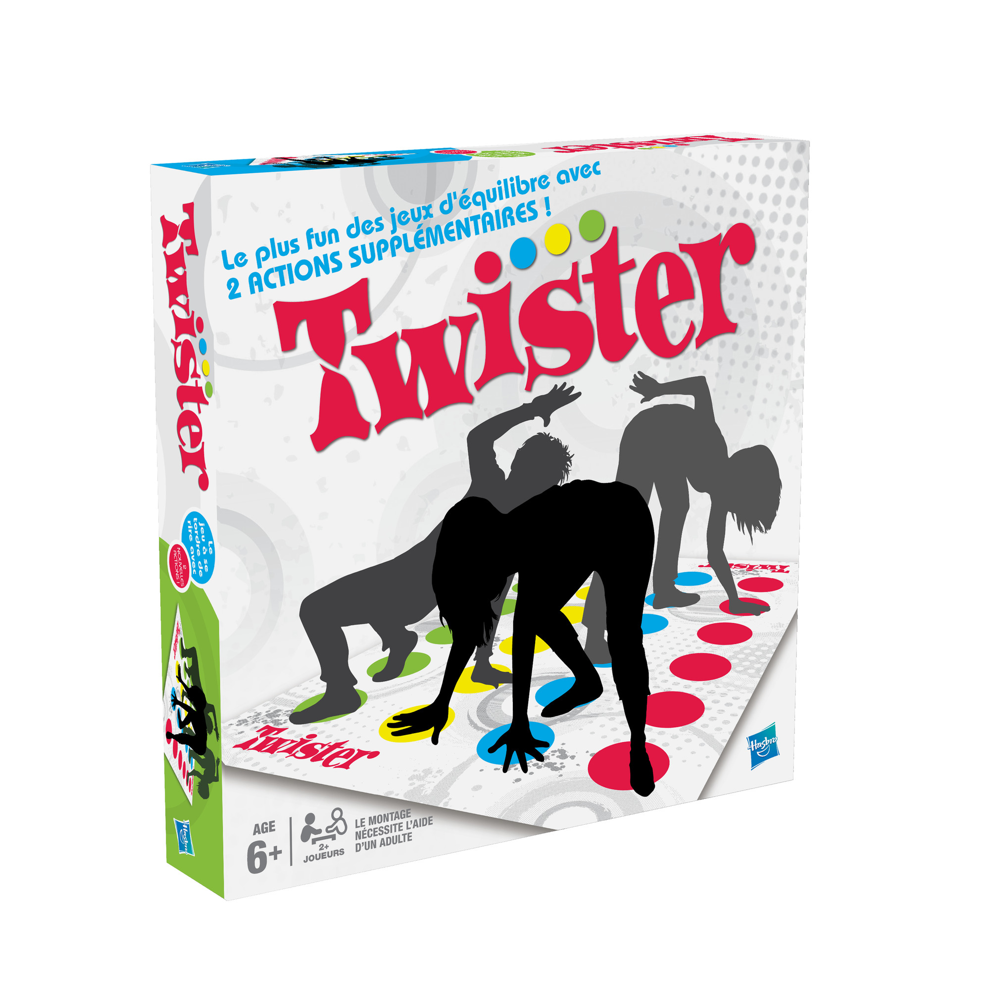 Pudełko gry Twister z sylwetkami ludzi na okładce i logo Twister. Białe tło.