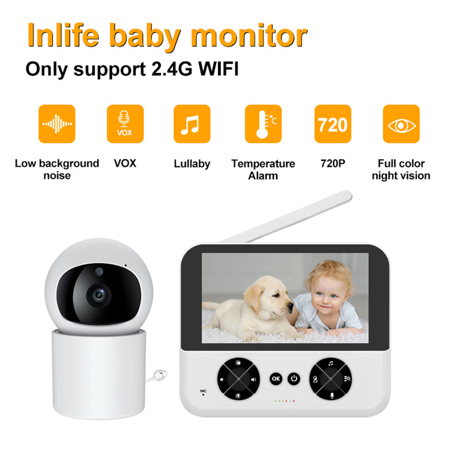 Babyphone mit Kamera und Bildschirm, Icons für geringes Rauschen, VOX, Schlaflied, Temperaturalarm und Nachtsicht.