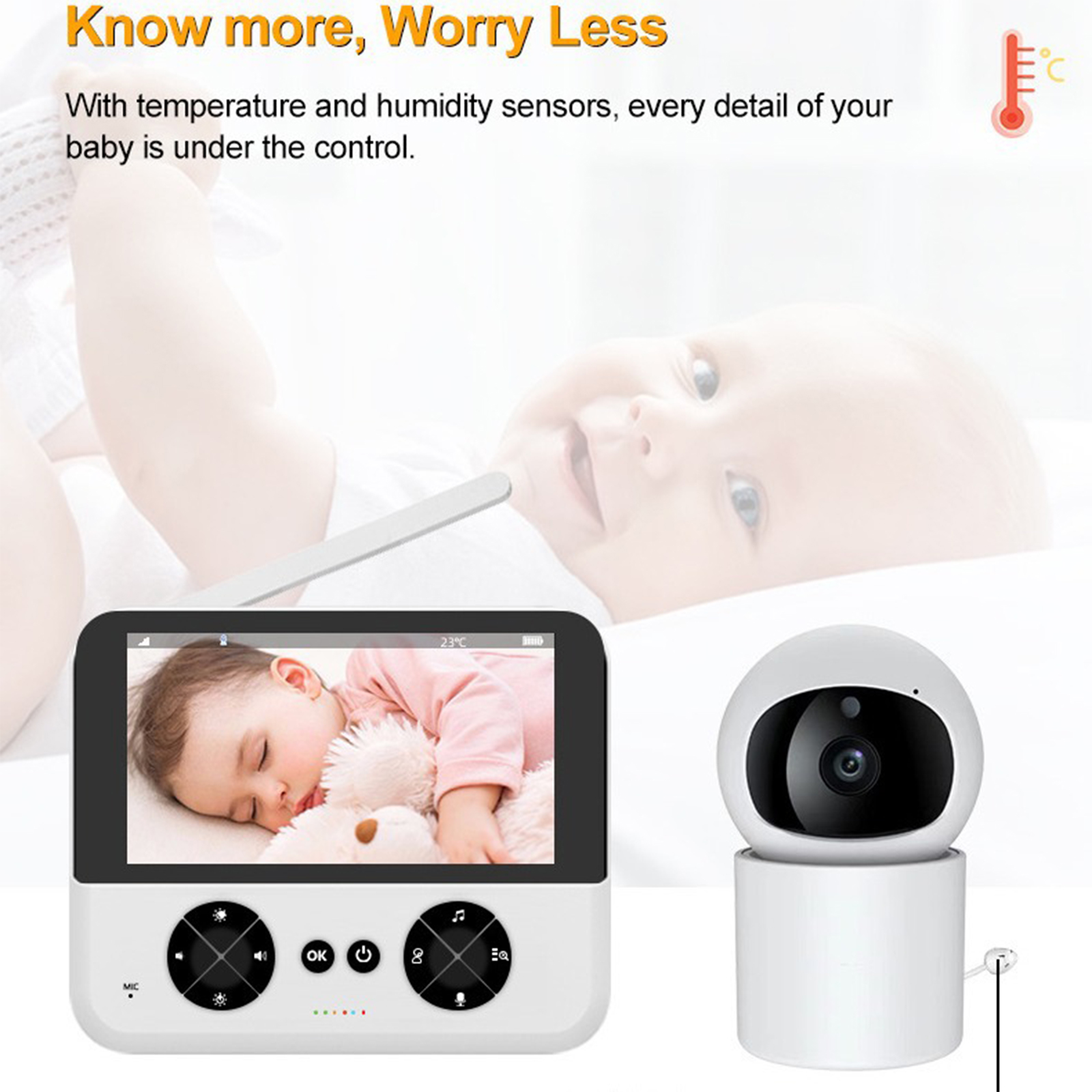 Babyphone zeigt schlafendes Baby. Rechte Seite weiße Kamera.