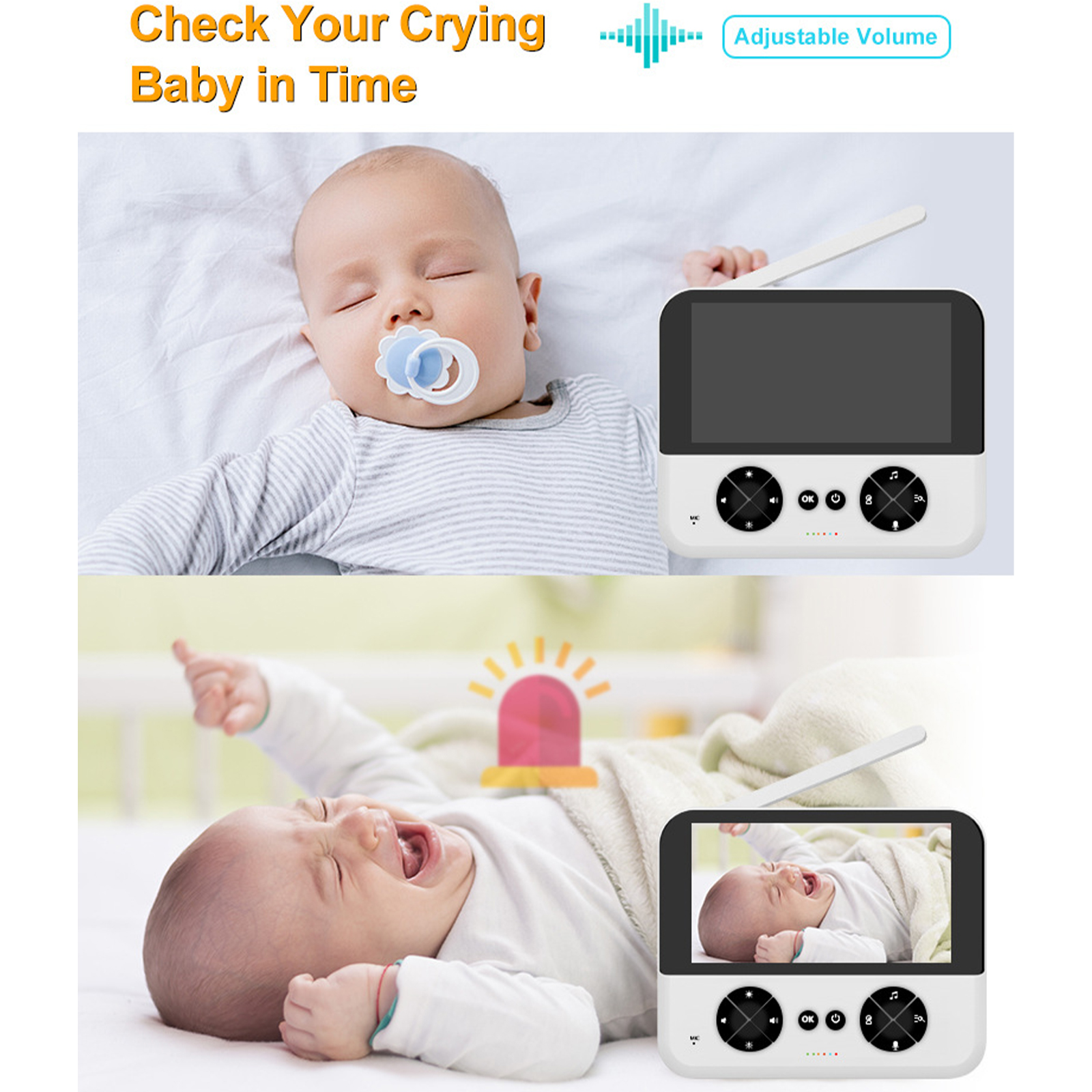 Ein Babyphone mit einem schlafenden Baby wird gezeigt. Unten ein weinendes Baby und Monitor mit Alarm.