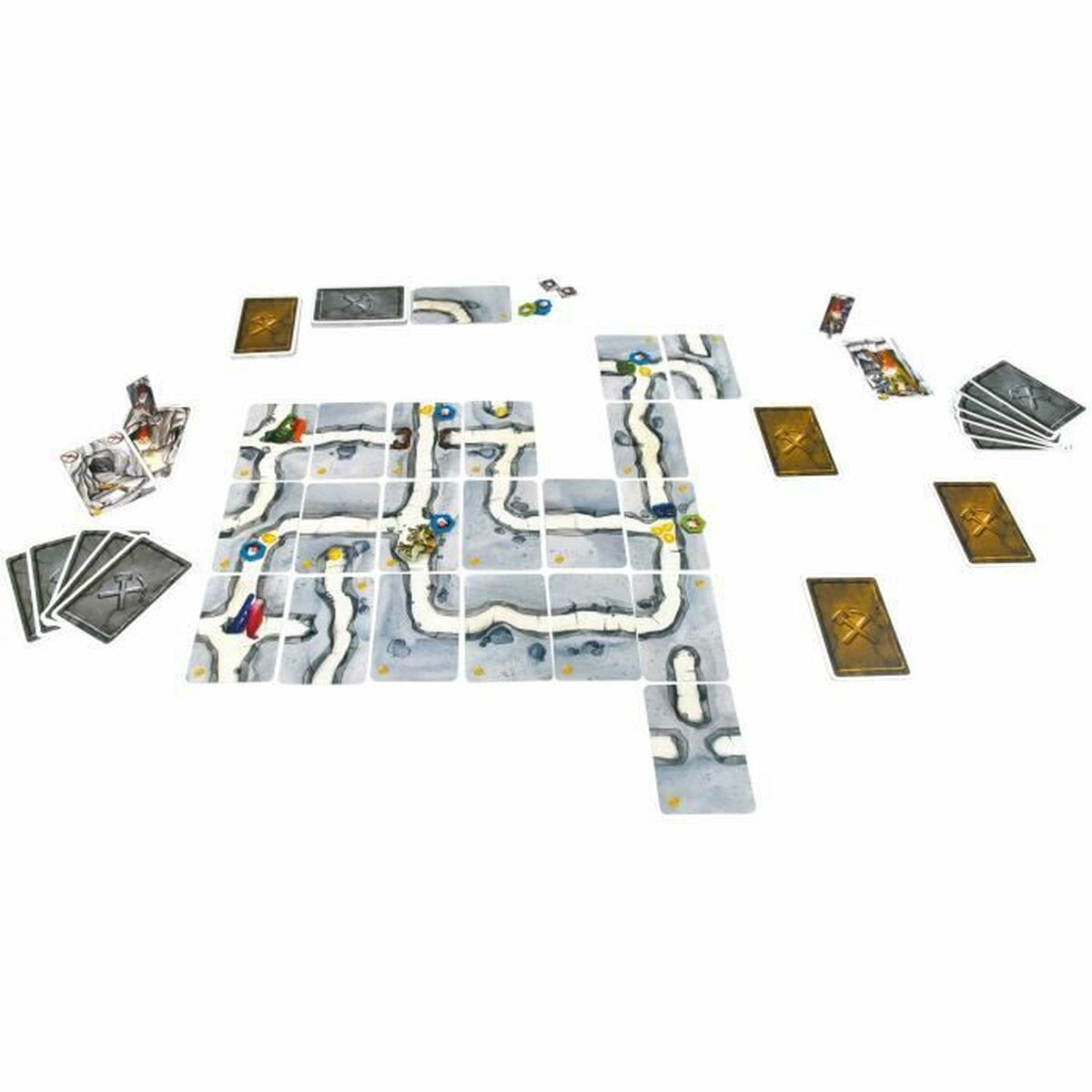 Konfiguracja gry planszowej z kartami, kafelkami i elementami gry na białej powierzchni.