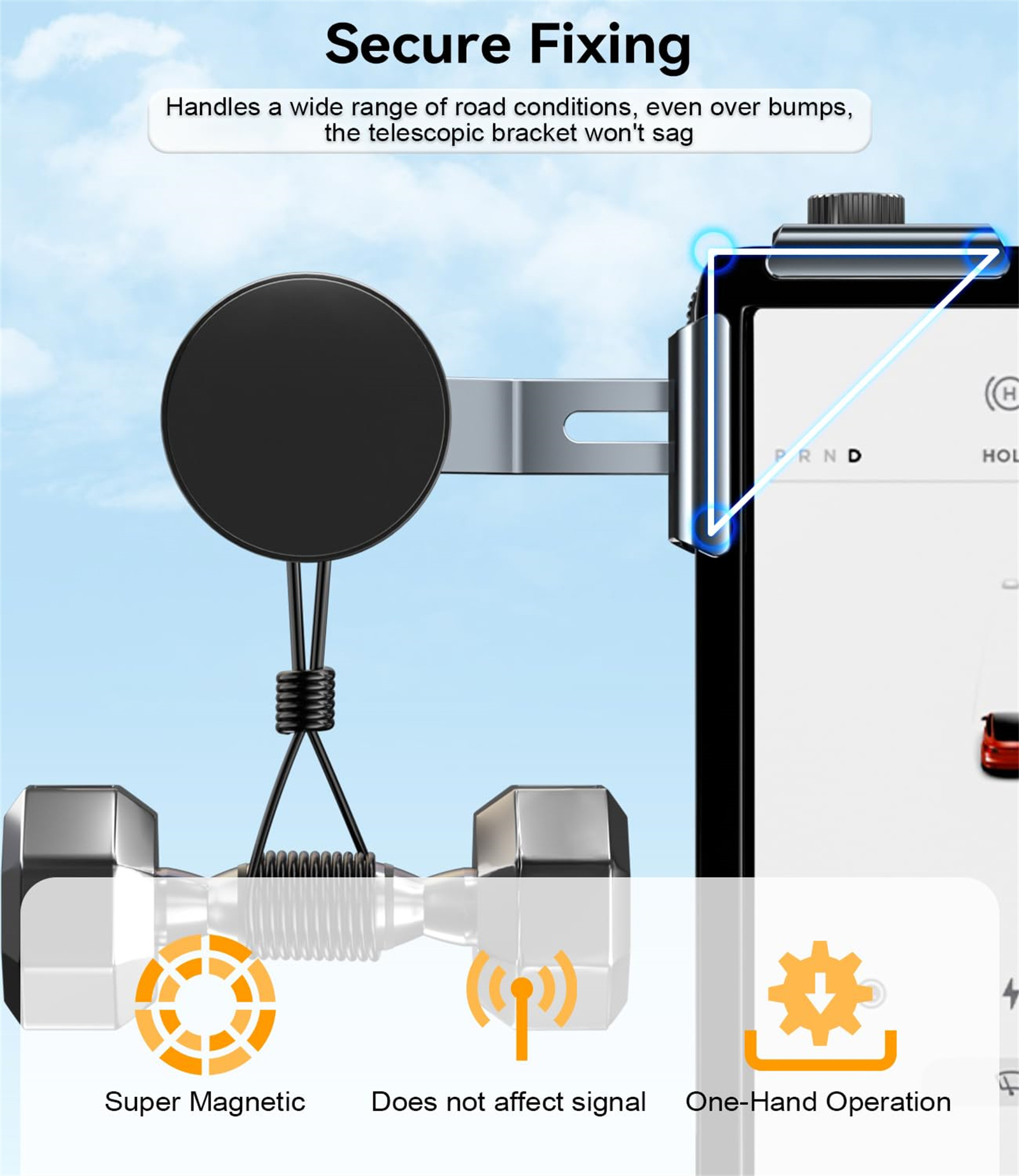Ein Autotelefonhalter mit Magnetfuß und befestigtem Telefon. Enthält Funktionen wie magnetische und Einhandbedienung.