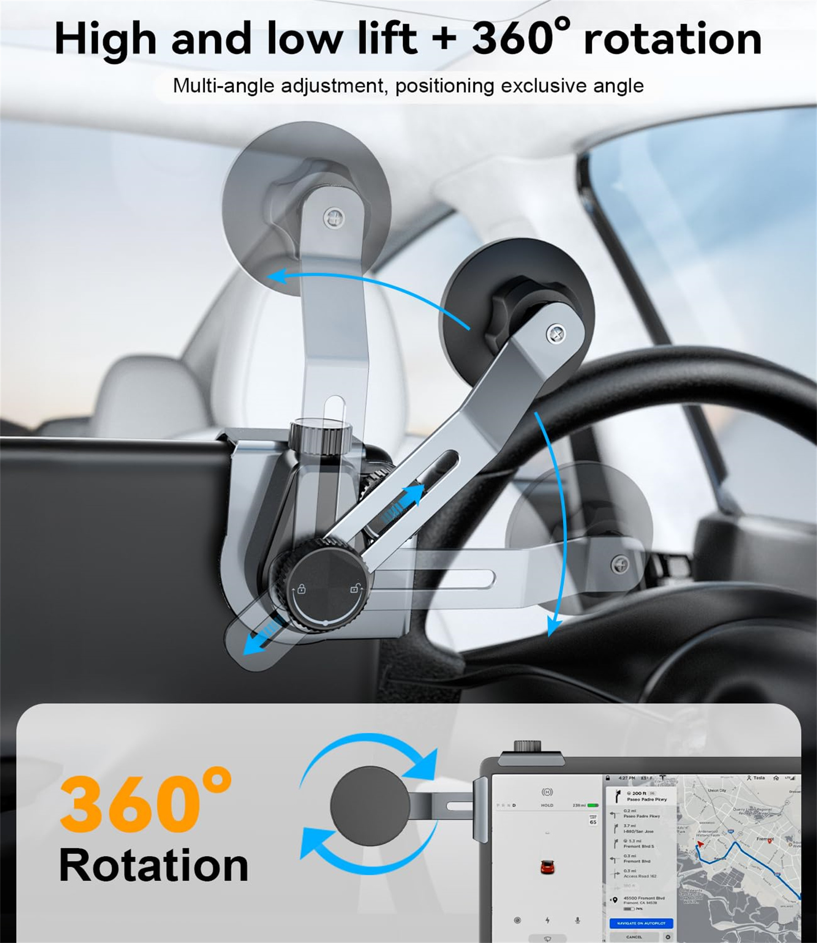 Telefonhalterung im Auto an der Windschutzscheibe. Tablet mit Navigation ist befestigt, Pfeile zeigen die Drehung.