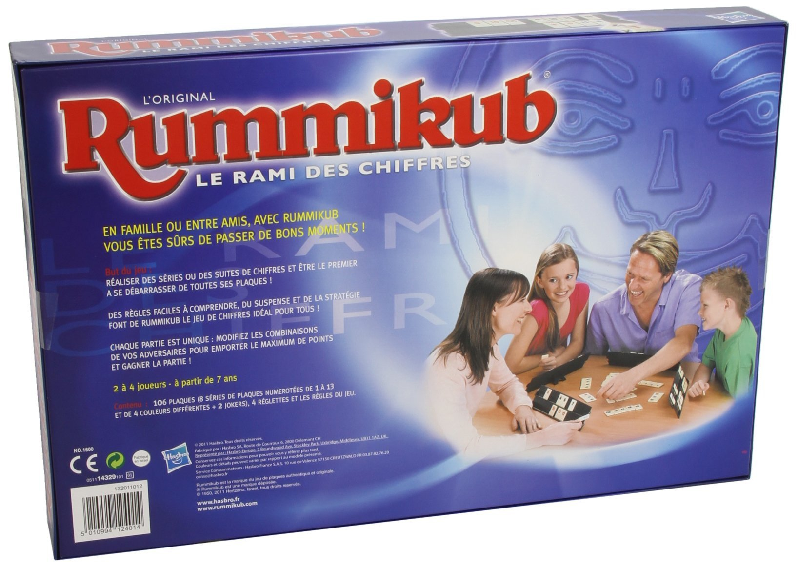 Retro della scatola del gioco Rummikub con persone che giocano. Testo e immagini del gioco e dei giocatori.