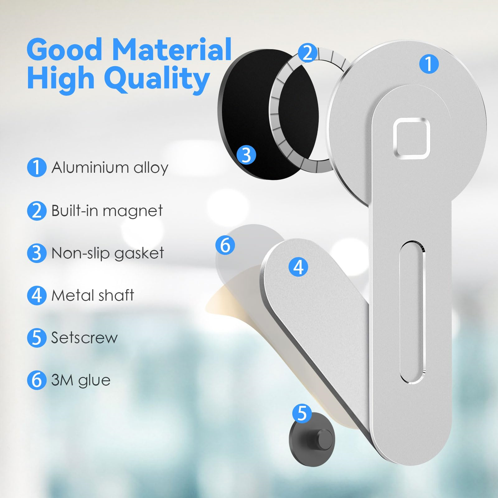 Metall-Telefonhalter mit Beschriftungen. Enthält: Aluminiumlegierung, eingebauter Magnet, rutschfeste Dichtung.