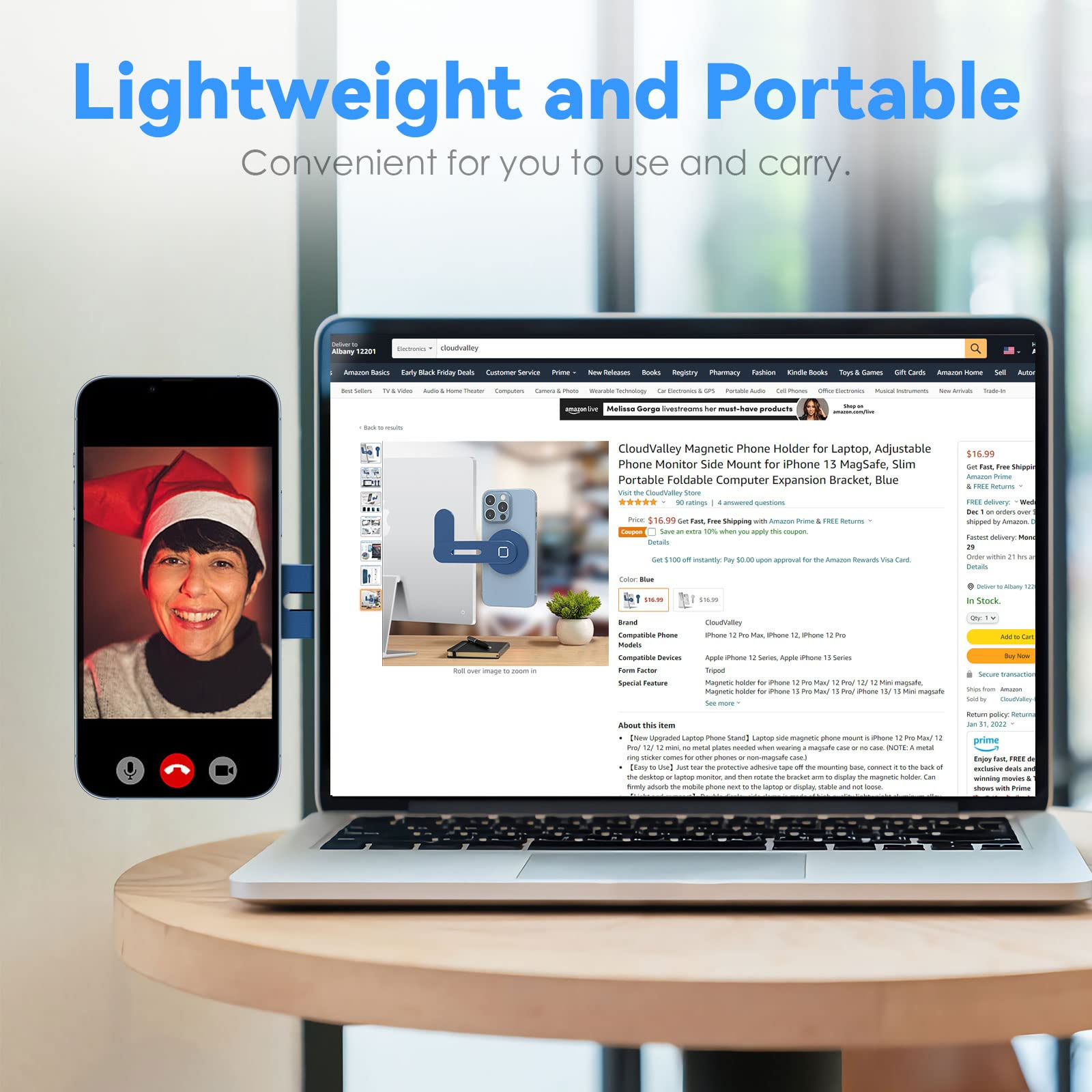 Laptopbildschirm mit Amazon-Webseite, Videoanruf mit Frau mit Weihnachtsmütze, magnetischer Telefonhalter.