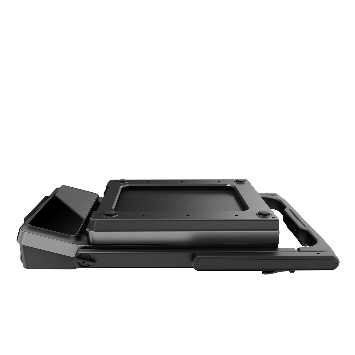 Faltbares, schwarzes Laufband mit kleinem Display und Griff. Es ist in gefaltetem Zustand.