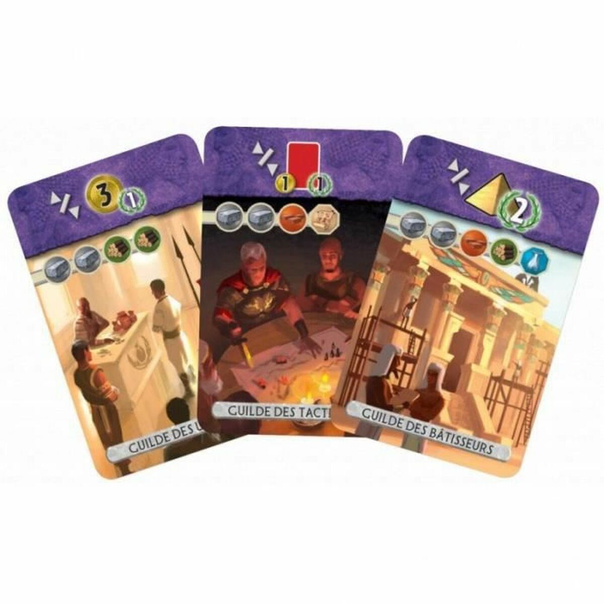 Tre carte da gioco che mostrano illustrazioni di persone ed edifici con testo.