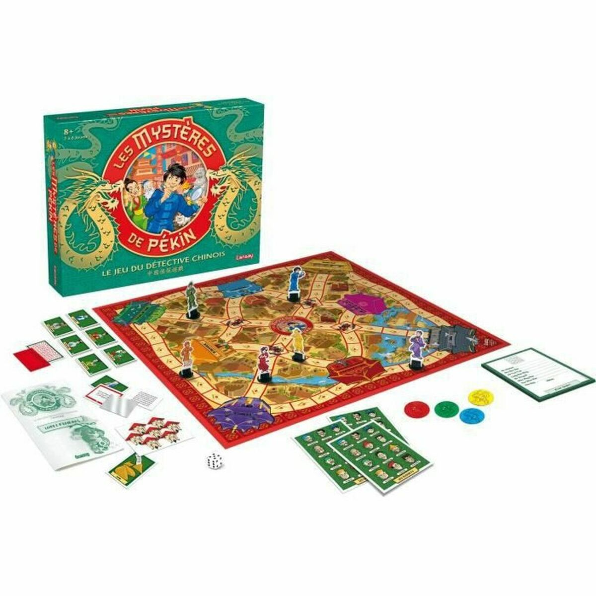 Bordspeldoos met spelbord en spelstukken. Tekst: Les Mystères de Pekin, le jeu du detective Chinois.