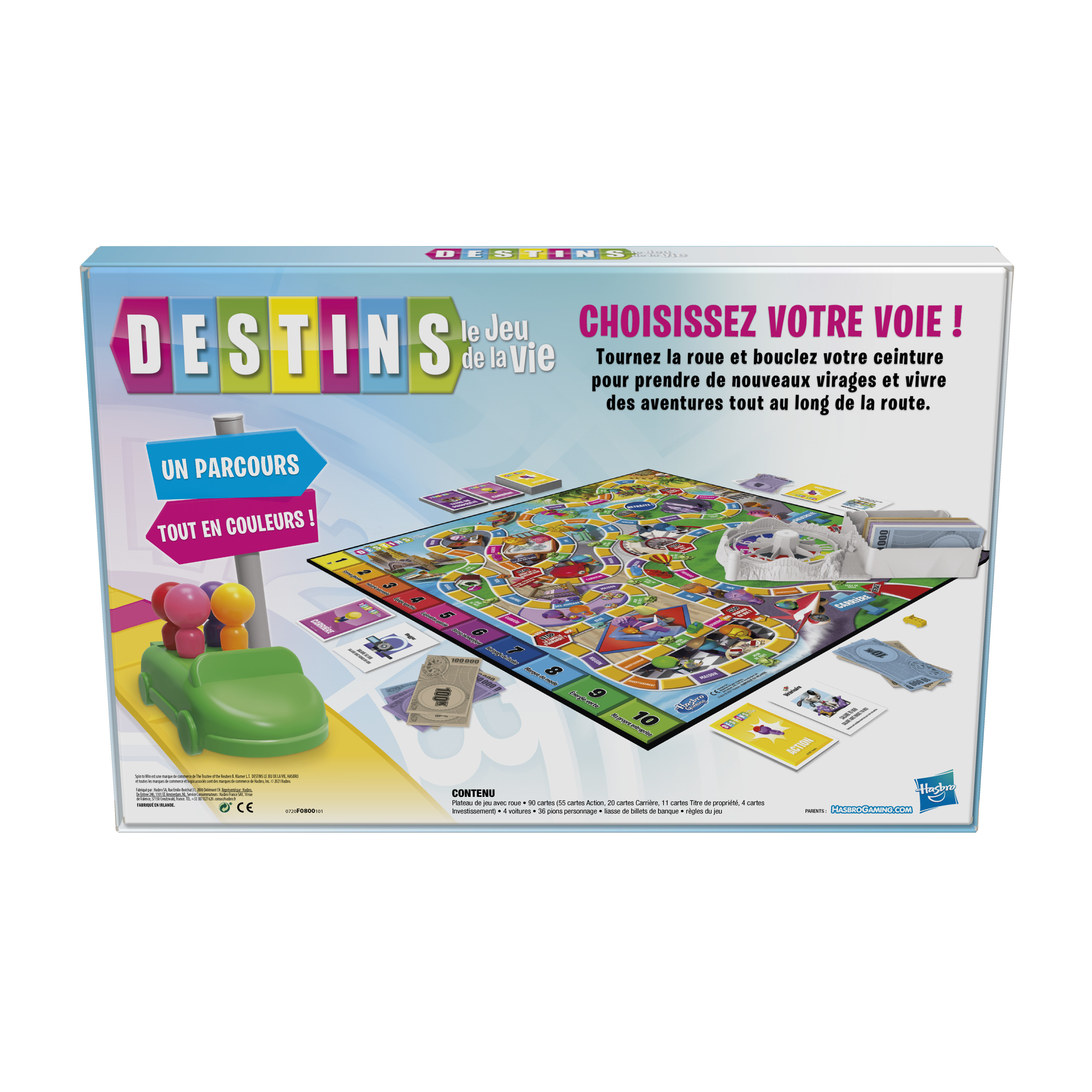 Bordspeldoos met auto en spelbord. Tekst: Destins. Kies je weg. Een parcours vol kleuren!