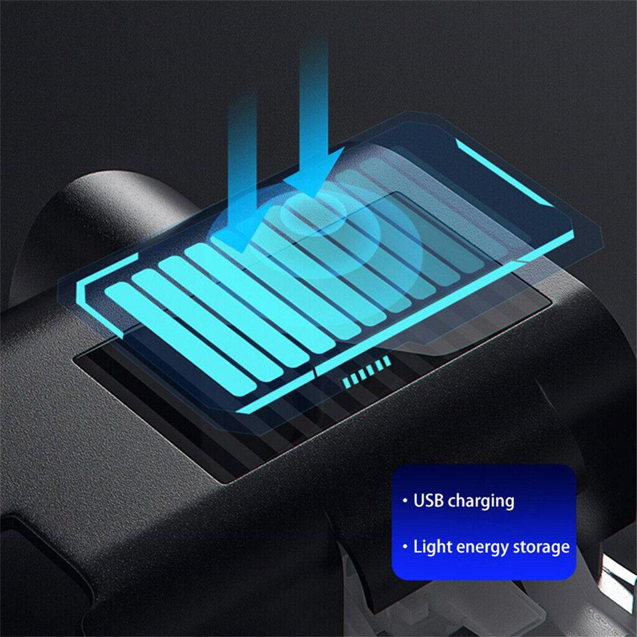 Ein Ladegerät mit einem Batteriesymbol und Text: USB-Aufladung und Energiespeicherung durch Licht.
