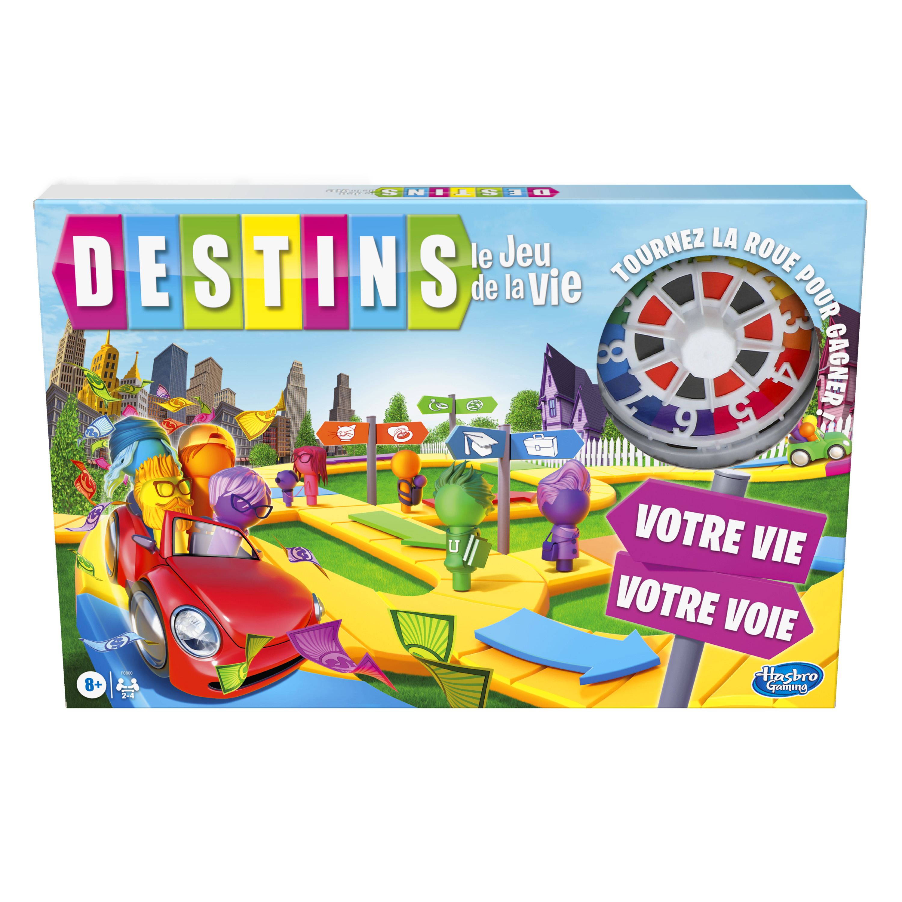 Bordspeldoos met kleurrijk ontwerp. De titel luidt DESTINS, met een spelscène en spelstukken op de cover.