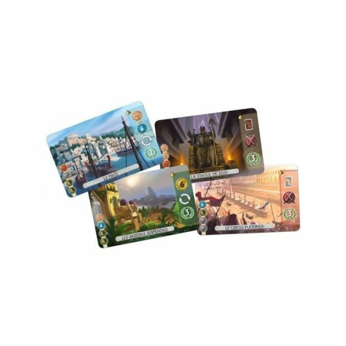 Carte di gioco da tavolo con illustrazioni di strutture e paesaggi antichi.