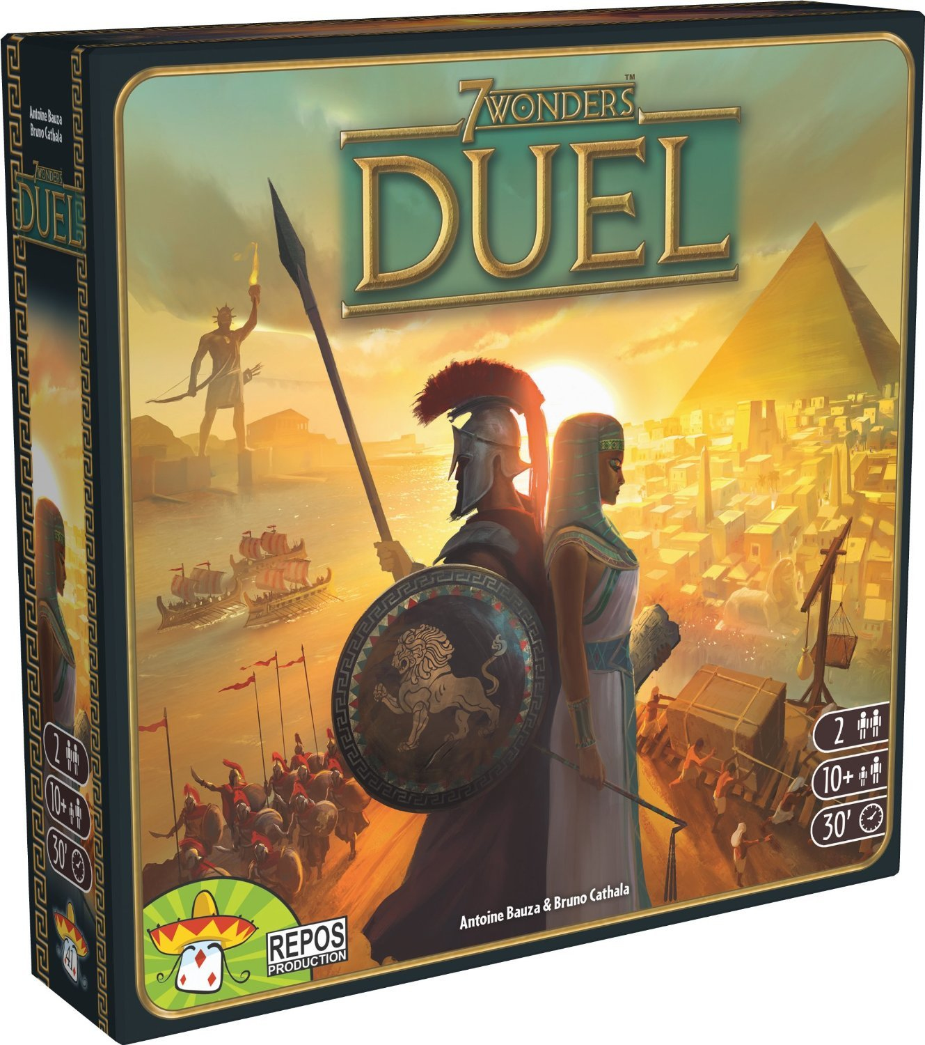 Scatola del gioco da tavolo che raffigura una scena storica con guerrieri, una piramide e personaggi in armatura.
