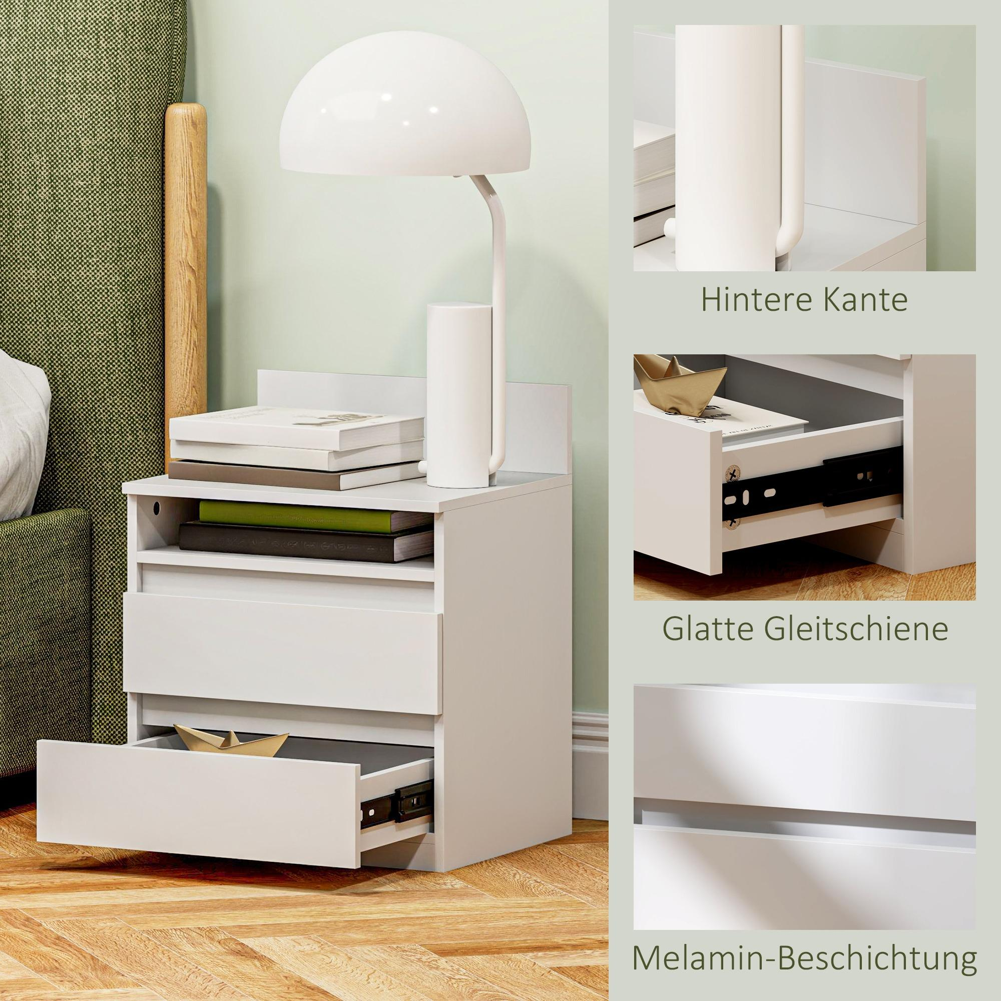 Weißer Nachttisch mit Schubladen und einer Lampe. Das Bild zeigt Details der Schublade und der Lampe.