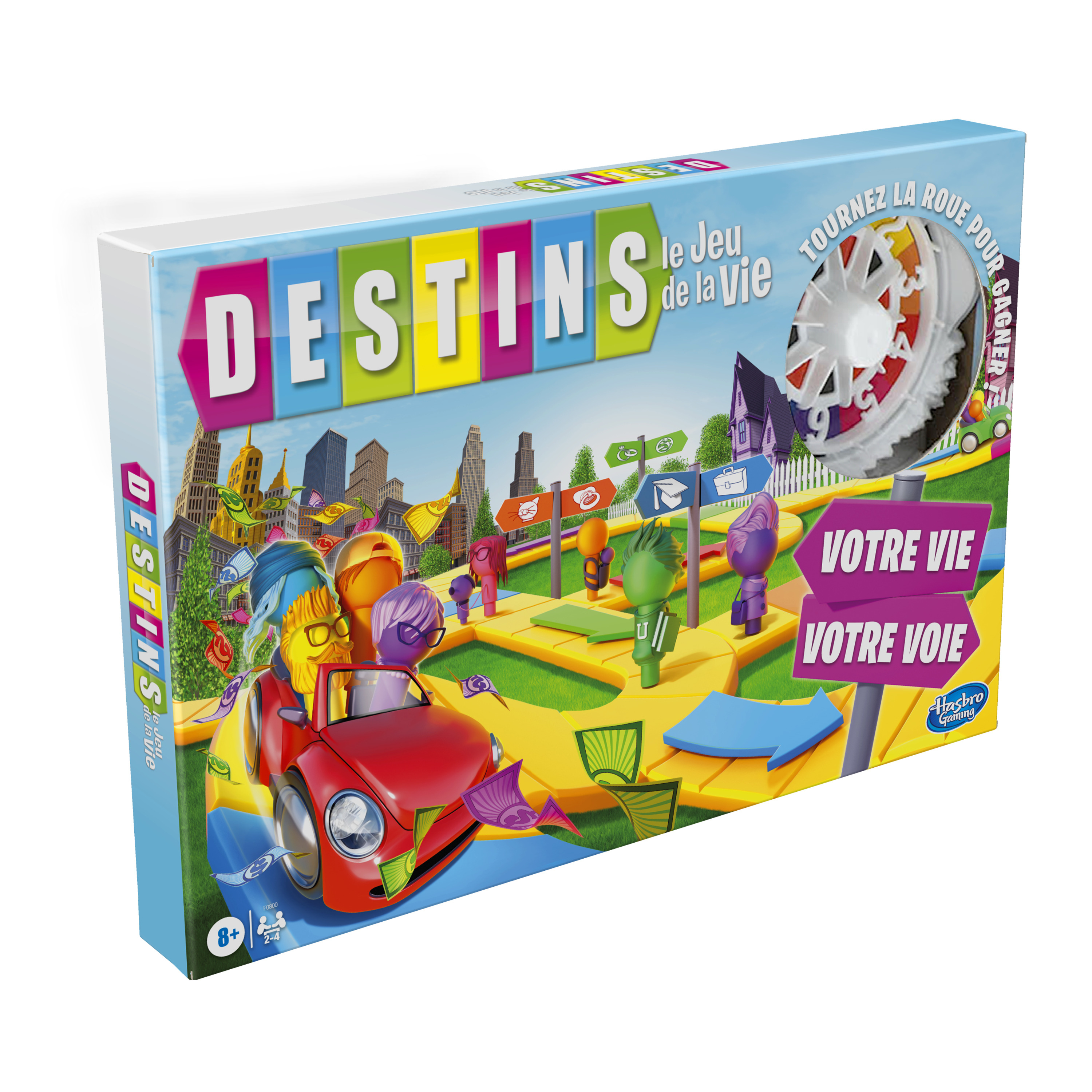 Doos van het bordspel "Destins". De doos is blauw en heeft een rode auto erop. Witte achtergrond.