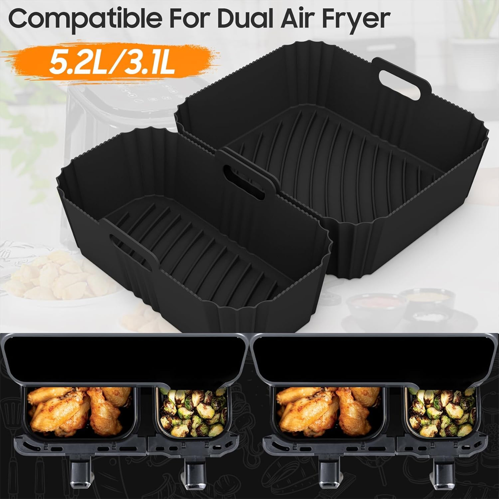 Schwarze Silikon-Airfryer-Einsätze, mit Text, der die Kompatibilität und Kapazität anzeigt.