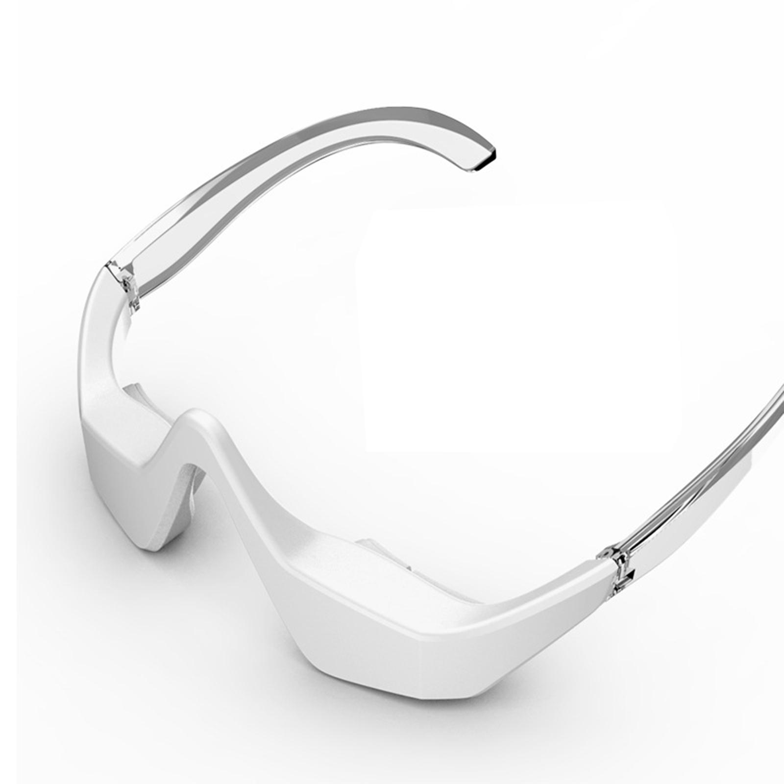 Weisse futuristische Brille auf weissem Hintergrund, mit klaren Gläsern und geschwungenem Design.