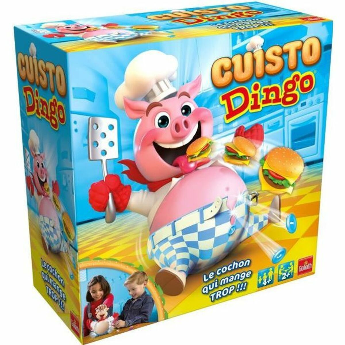 Speldoos met een varkenskok die een hamburger vasthoudt. Twee kinderen onderaan de doos.