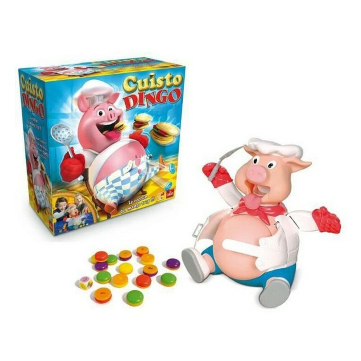 Varkensbordspel met een varkensfiguur en spelonderdelen.