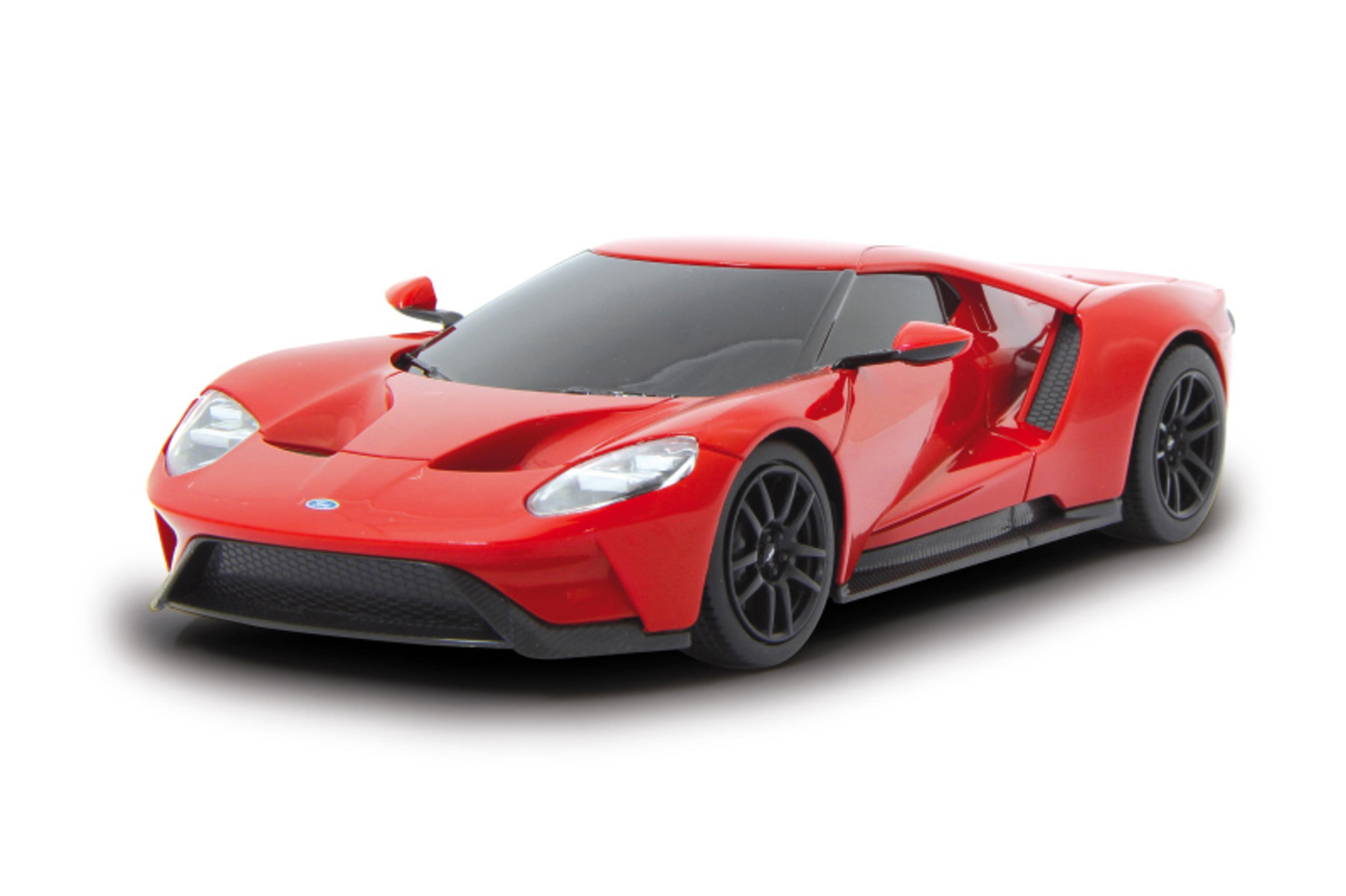 Roter Ford GT-Sportwagen auf weißem Hintergrund, von vorne betrachtet.